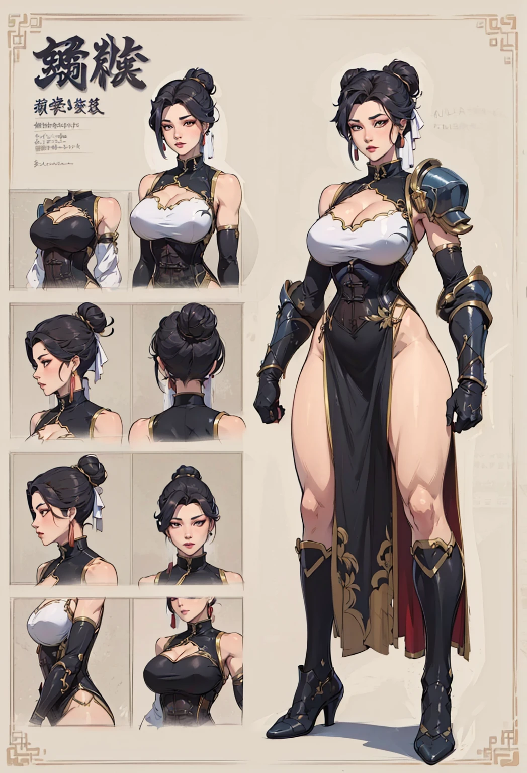 fighting game character ((character concept art)), ((character design sheet, same character, front, side, back))
Close-up of a woman in a long qipao dress, dark brown skin, (thick thighs), wide body, (chubby), earrings, Detailed black hair with bangs, long curly hair, video game character design, accessories
Expert high detail concept art, comic book style, intricate comic book outline line work, flat colors, concept art, solid background