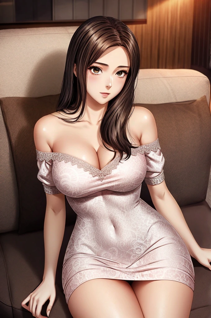 Sexy and cute woman, woman in love, black hair braided, very seductive and soft eyes, blushing hard, pink lips parted, seductive smile, long neck, collarbone, medium chest, cleavage, off shoulder t shirt, bare shoulders