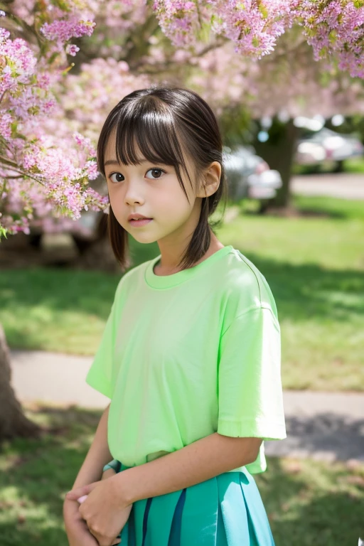 8k,masterpiece,Japanese,,from the front,Innocent face,Calm Eyes,Childish,T-Shirts,Short sleeve,Short skirt,semi-long,noon,bright,By the side of a fresh green tree