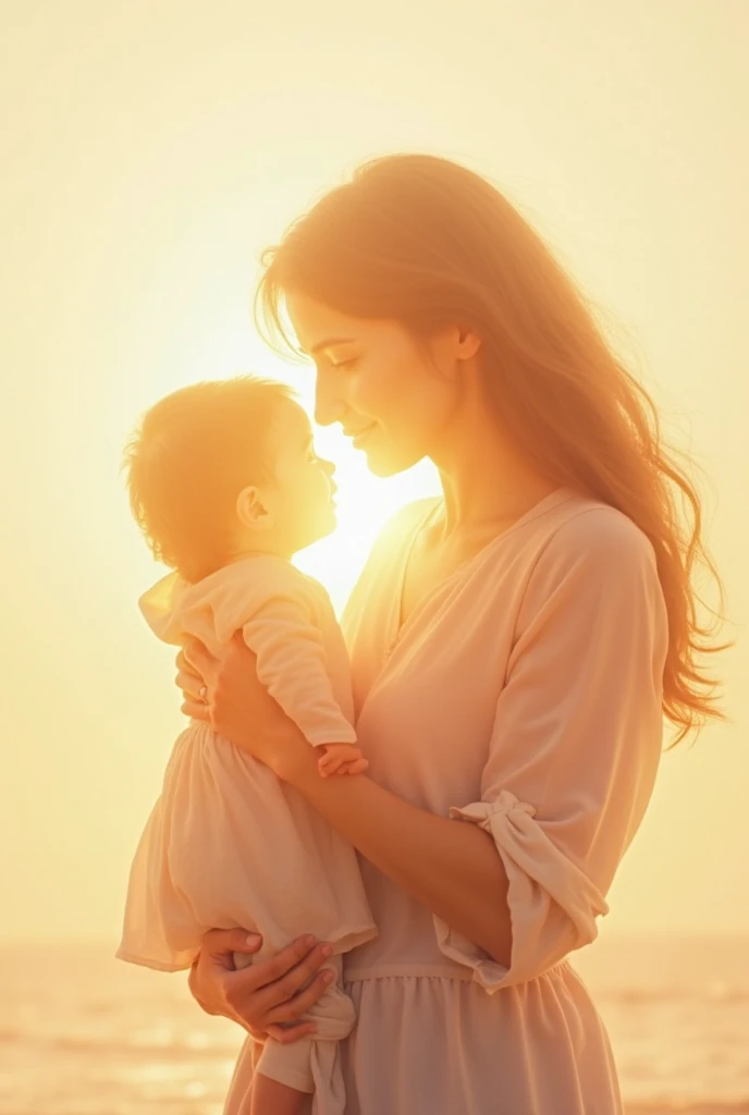 A watercolor painting depicting a lovely 8-month-old Spanish baby girl and a Spanish mother with long hair, they are smiling on the sunset beach. 4K, --ar 3:2