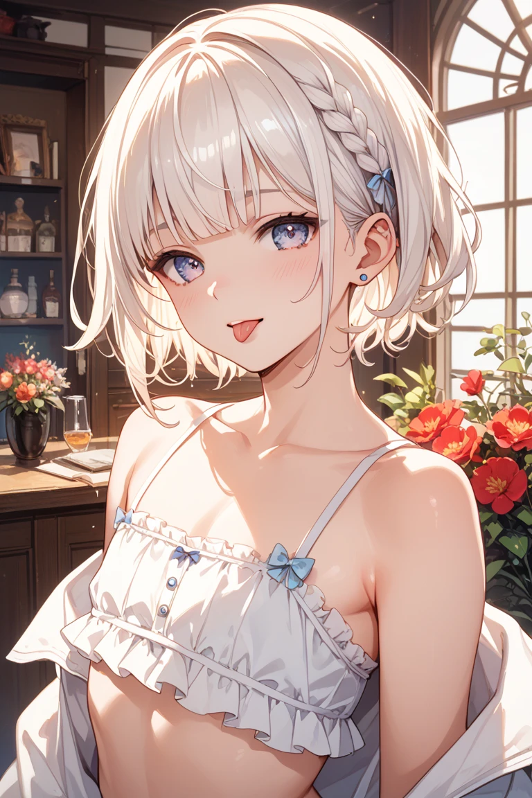 (masterpiece, best quality), 1girl, White Bohemian Half-Updo with Flower Crown, flat chest,