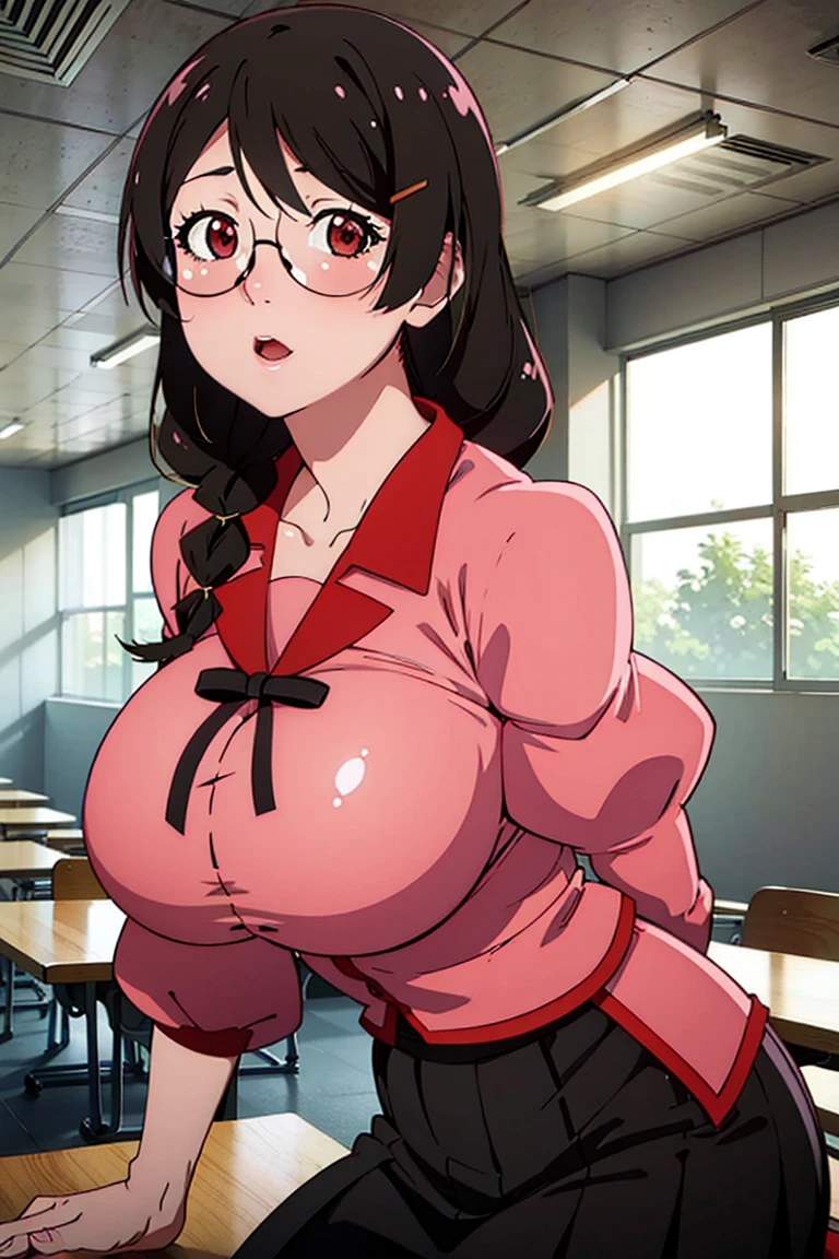 (young brunette teacher in front of board), (bright red long sleeve wool shirt) , (loose wool sweater) , black mini skirt, black glasses, (huge boobs), (hanging:1.6)) , math equations on board, (writing on chalkboard) , ((hair tied into bun:1.78)) , serious face, slightly upset, cute nose, cute face, high quality, UHD, Masterpiece,