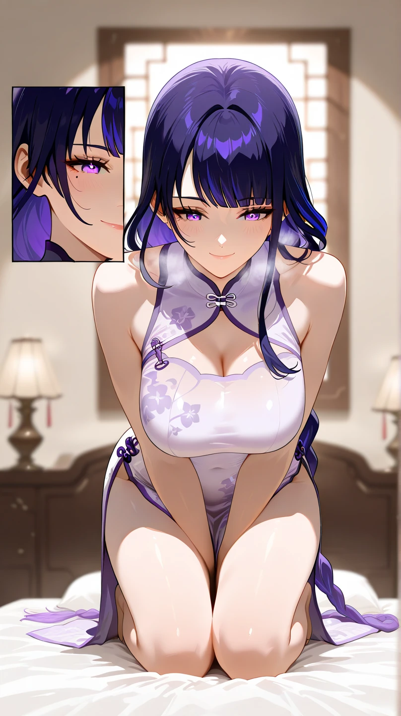 Raiden shogun,extremely good quality, detailed,half realism,1 girl,purple long braided hair,wearing purple modern transparent saree,gorgeous,sleeveless blouse,showcasing her armpits,lustful smile