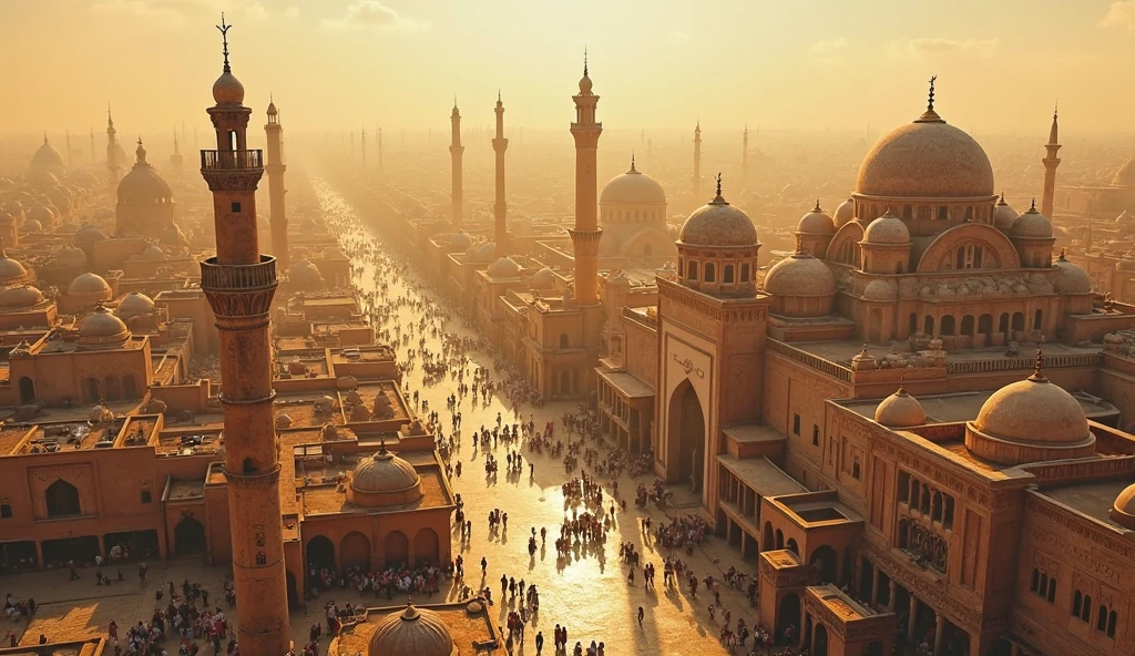 a detailed cityscape of an ancient Babylon city with a large bus station, intricate architecture with golden domes and minarets, bustling crowds of people, ornate details, glowing lights, warm hues, cinematic composition, (best quality,4k,8k,highres,masterpiece:1.2),ultra-detailed,(realistic,photorealistic,photo-realistic:1.37),detailed city, highly detailed, intricate details, ornate architecture, golden domes, minarets, bustling crowds, warm lighting, cinematic perspective, detailed transportation, detailed people
