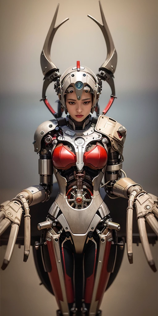 Highest quality, outstanding detail, super high resolution, (fidelity: 1.4), best illustration, favor details, close-up, a mecha girl with a delicate and beautiful face, ((red and white semi-mechanical body: 1.8)), (big breast: 1.2), very sexy, nude, belly button, cleavage, riding on a motorcycle, cyberpunk, futuristic, mechanical aesthetics, complex machinery, background is a high-tech lighting scene of the futuristic city, virtual engine 5, perfect detail rendering, octane rendering, ultra HD
