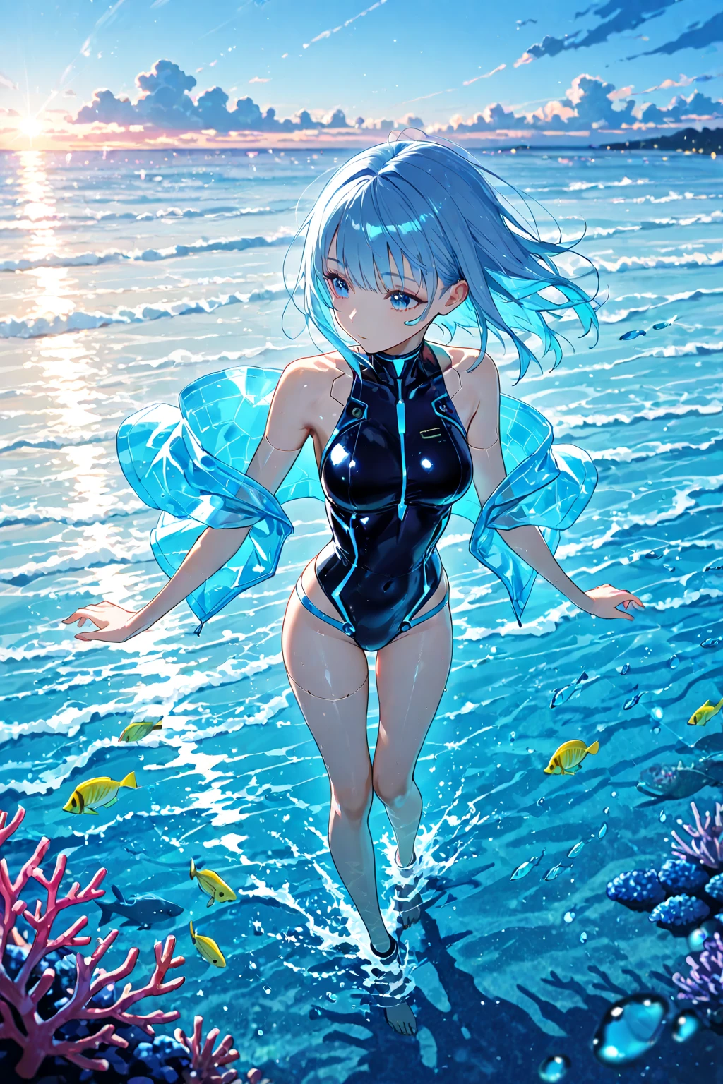 underwater, 1 girl closeup, mermaid, silver hair, red eyes, bob cut, concept art, beautiful anime scene, top rated on pixiv