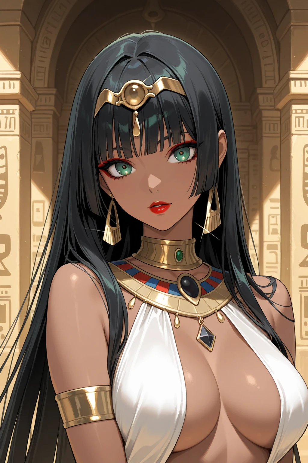 masterpiece, best quality, 1girl, solo, <lora:rhajat-fe-richy-v1:1> rhajat, black hair, black eyes, cleavage, large breasts, pout