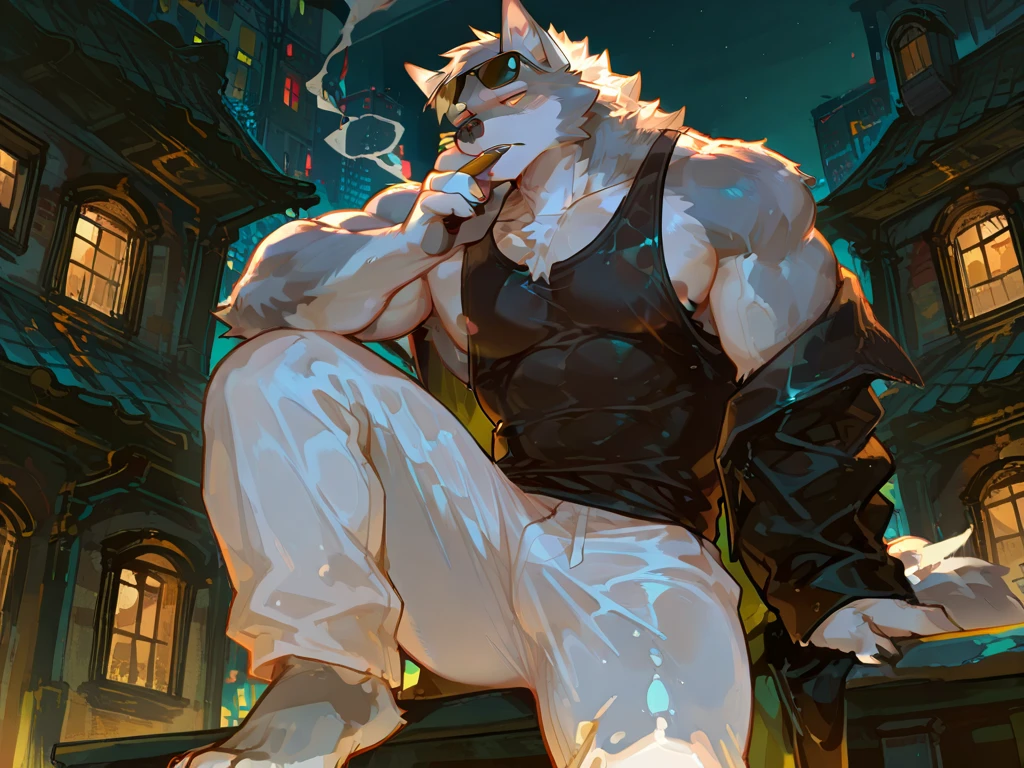 solo, anthro, furry, furry male, wolf,((short fur,furry, shaggy fur, opaque fur)), (completely white fur), black pupils, white sclera, white body, white fur, golden eye, wolf tail, detailed fur, detailed face, detailed eyes, bare chest, (tank top, sweatpants), apartment balcony, (by null-ghost,by raccoon21, masterpiece, high quality, hi-res, 8k, hd, dark), smoking, looking at viewer, night, gentle expression, tired expression, low angle. male white wolf with golden eyes smoking a cigarette, tired, exhausted, hopeless, Tall, muscular, broad frame, veiny arms and hands