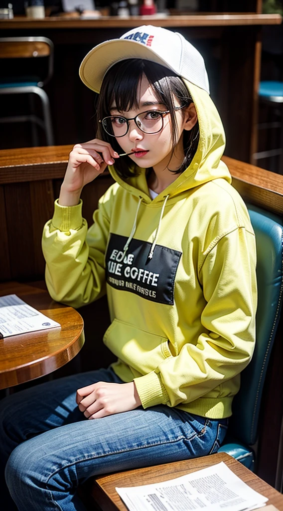 1girl, in a hoodie jacket, coffee shop