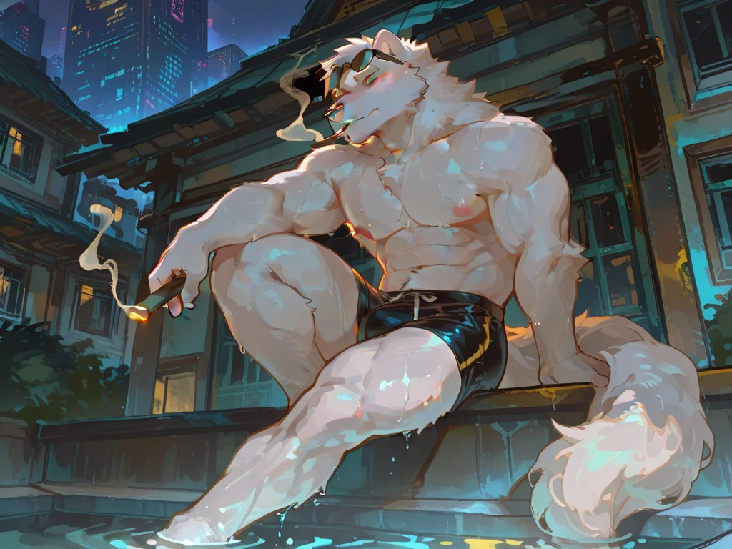 ultra-detailed, masterpiece, masterwork, high quality, best quality, hdr, japanese style, (night, bathing in hot spring), nsfw, male, solo, werewolf, (nude,), (white little body werewolf), (long hair), yellow eyes, squatting, side view, dynamic angle, wet body, (foreskin, perfect balls)