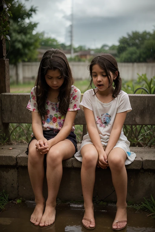 Two young children dressed in traditional attire sit side by side. The girl, with curly hair and a crown, appears sad with a pouty face and furrowed brows, while the boy next to her has his eyes closed, hands pressed together in a praying gesture, and looks contemplative. Both children are barefoot and sitting on a wooden bench with a blurred background suggesting a calm outdoor setting.