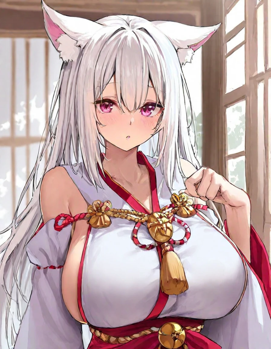 Masterpiece, top quality anime illustration, super definition, single girl, solo, silver-haired beautiful girl, anime loli, cat ear loli, pale pink see-through priestess costume, loli priestess, Japan priestess costume, smile, cleavage emphasis, lower breast emphasis, thigh focus
