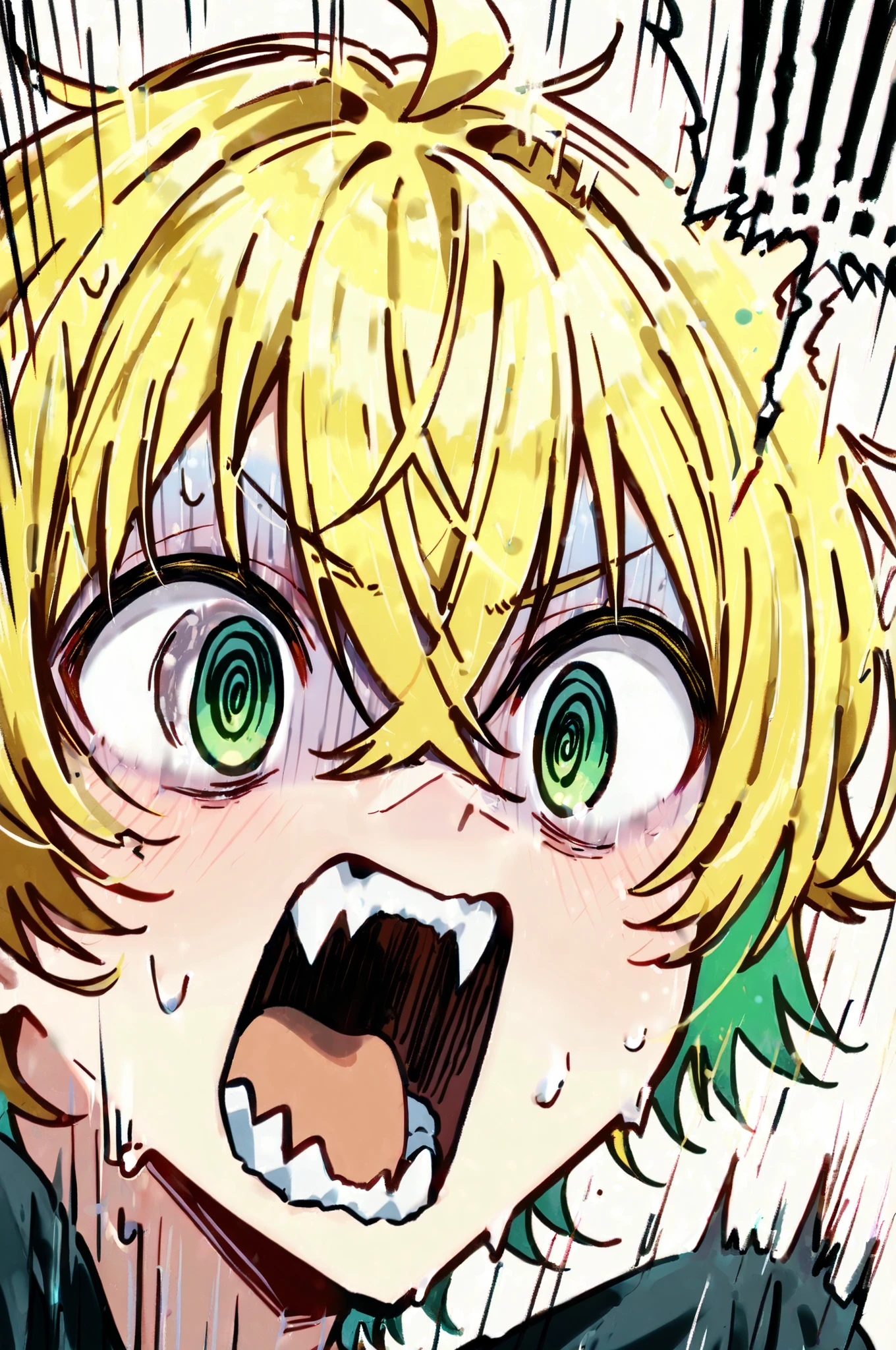 ((solo)), ((one boy)), short hair, blonde hair, green inner hair, green eyes, hollow eyes, (@_@), black shirt, collard shirt, ahoge, ((hairs between eyes, crossed bangs:1.3)), sharp tooth, white background, open mouth, ((surprised)), ((screaming)), ((panicking:1.3)), ((scared)), upper body , ((V-shaped eyebrows))