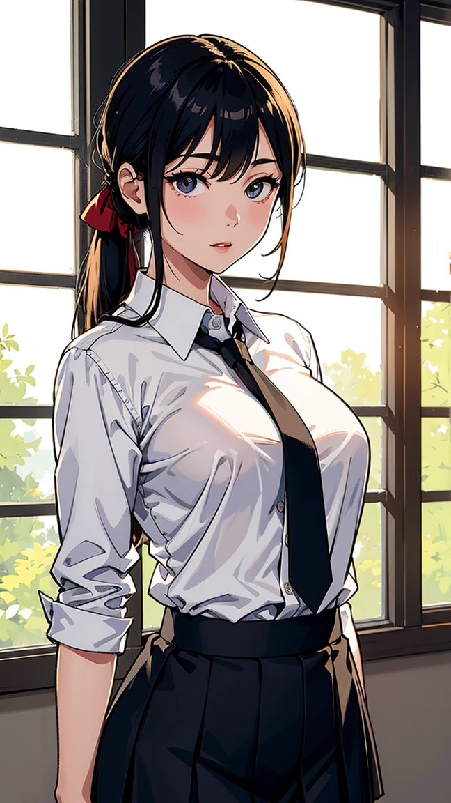 2d, masterpiece, best quality, anime, highly detailed, cowboy shot, 1girl, solo, kaguya shinomiya, red eyes, black hair, hort hair, folded ponytail, hair ribbon, BREAK wearing: A pastel pink collared shirt made of crisp cotton, worn under a navy blue V-neck sweater with a cable-knit pattern, paired with a pleated plaid skirt in shades of navy and green, and completed with classic black leather loafers. big breasts, high quality, 8k, best picture, detailed, high resolution, best pictrure, photo realistic, beautiful image, best image