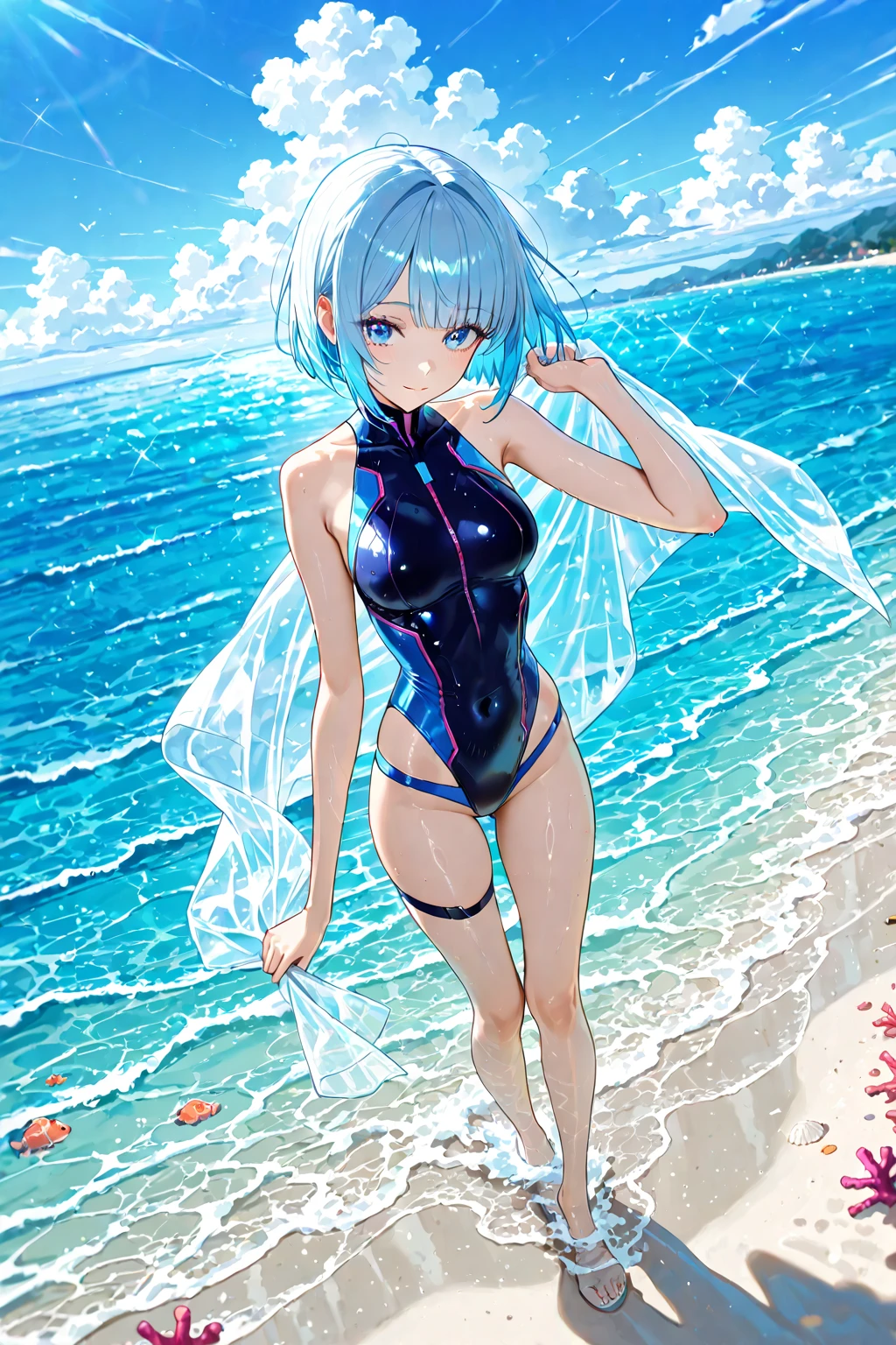 (best qualityer, masterpiece1.8), cute painting, a woman in a swimsuit in the water, wet swimsuit wear, is wearing a swimsuit wear, water armor, blue scales covering her chest, in water up to your shoulders, stands in a pool of water, swimsuit wear, scales covering her chest, wearing two - piece swimsuit wear, Nothing, with blue skin, deep blue skin, water demon, silver hair (hypdertailed)