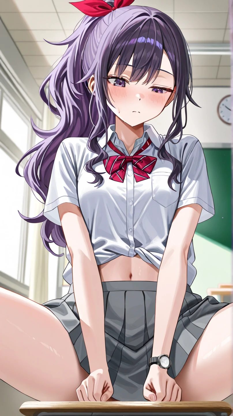 (best quality, detailed, colorful),portrait,girl, with long violet hair, beautiful face, small breasts, wearing a skirt with panties and a shirt, sitting on squatting position, spreading legs