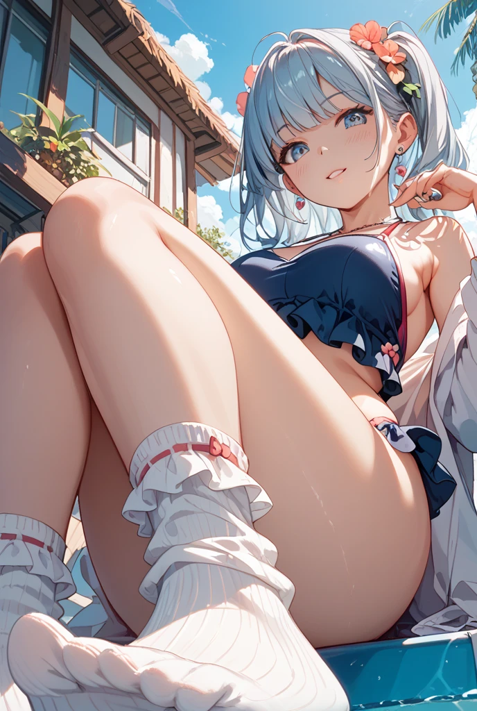 1girl,
grin, solo, female masturbation, full body view, park bench, large breasts, bikini, white hair, ponytail with wispy bangs