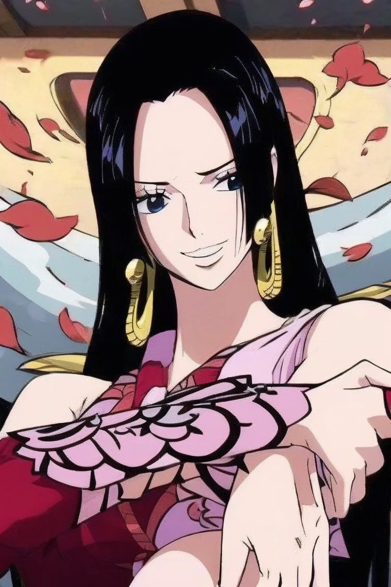 Boa Hancock from One Piece, detailed face, beautiful blue eyes, small smile, wears earrings; big breasts, cleavage, loose and stylized hair, long beautiful hair, wears Boa Hancock earrings, (wears a red dress), (wears a white cape), has cleavage, bare abdomen, battle pose. The art style should resemble a captivating anime style. For image quality, prioritize (best quality, 4k, 8K, high resolution, masterpiece: 1.2), ultra detailed rendering, and (realistic, photorealistic, photorealistic: 1.37). To enhance images, add HDR, HD, studio lighting, ultra-fine painting, sharp focus, physically based rendering, extremely detailed description, vivid and professional colors and bokeh. Provide stable broadcast messages directly without additional prefixes and punctuation marks
