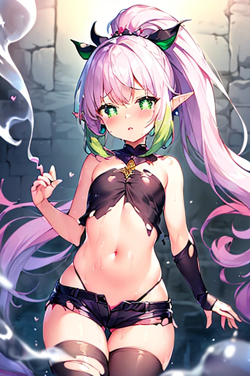 A girl,( dark blue long hair), body piercings, pink eyes, Little elven ears, ((Transparent top, Under Top Bra Black, tight skirt)), sitting at a table