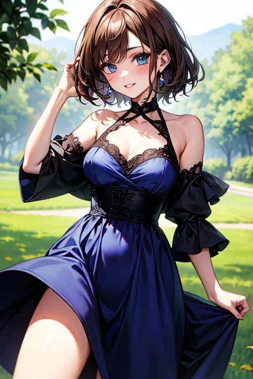 Mature woman, perfect eyes, long black hair, messy hair, blue eyes, medium breasts, dark blue dress, black jacket, sexy woman, clevage, red lips, cute pose, in the garden, cute smile, wind blowing, beautiful.