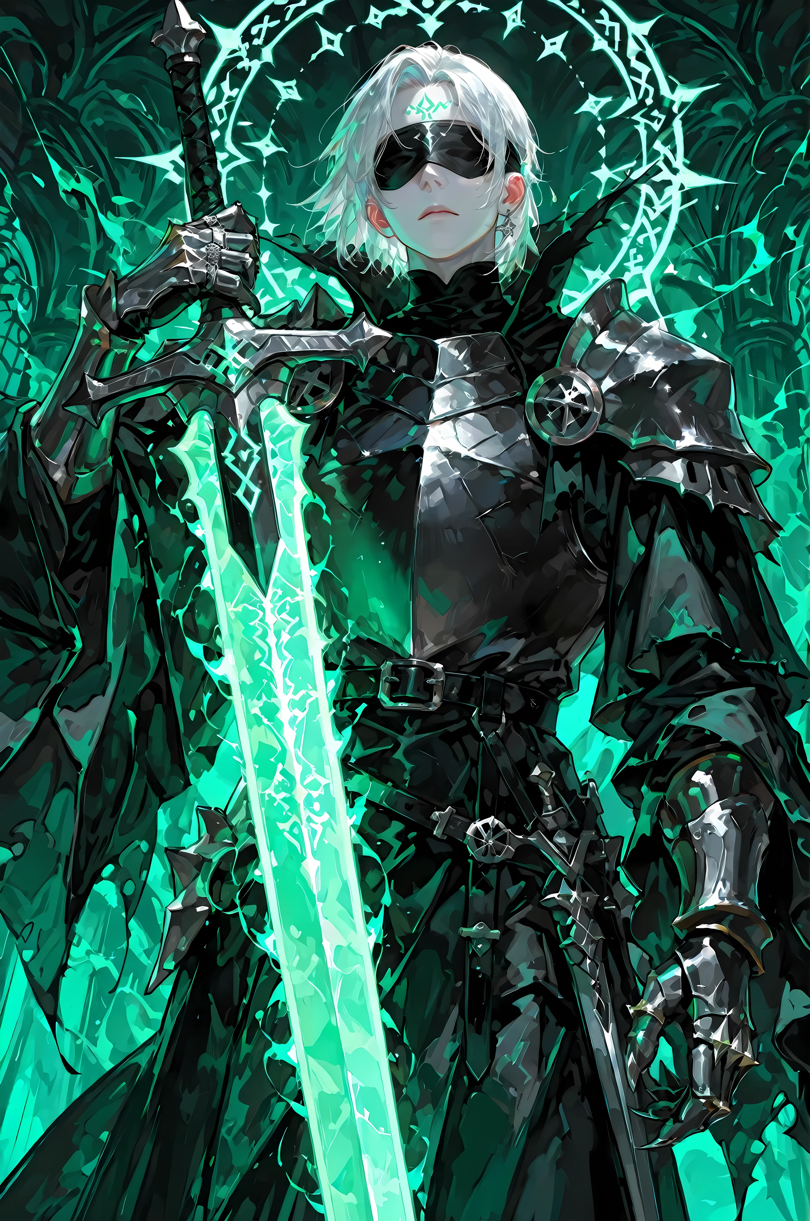 8k, beautiful masterpiece, looking ahead, alone, super pale skin, Perfect Eyes shape, Athletic Build, ((He wears: primarily black with silver accents = high collar Nazgul clothing with pointed shoulders and very wide sleeves, spiky steel cuirass, spiky steel pauldrons, clawed steel gauntlets; black belt with steel buckle; metal blindfold; 1 silver ring with pale green glowing runes))), (((background is Minas Morgul, is emotionless and somber while holding 1 steel longsword and channeling pale green energy through it))), mature man, 1 man, male-centered, handsome man, handsome, short hair, white hair, Thick painted, masterpiece, top quality, amazing quality, exquisite details, very detailed, semi-realism art, semi-realism art style