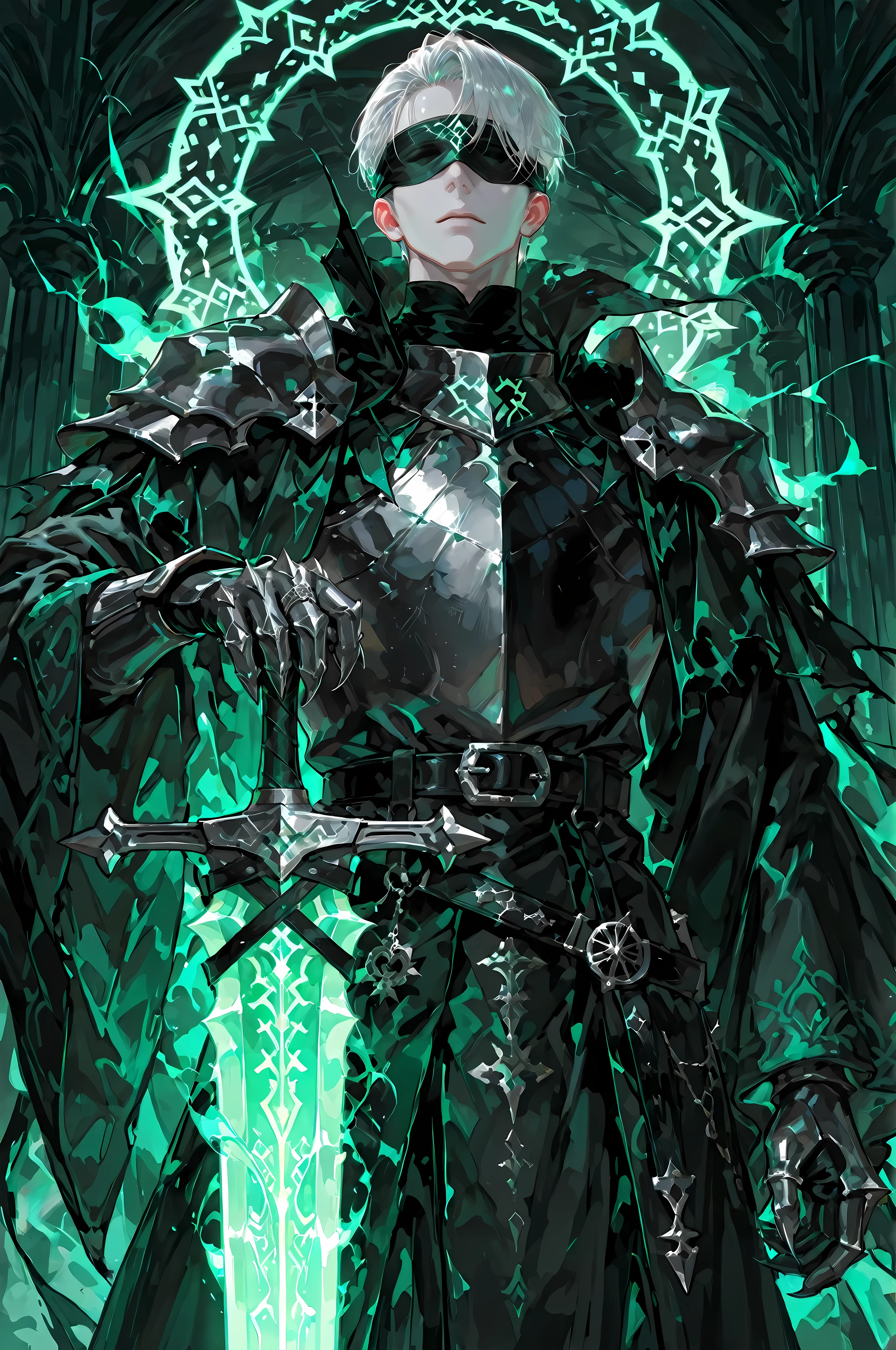 8k, beautiful masterpiece, looking ahead, alone, super pale skin, Perfect Eyes shape, Athletic Build, ((He wears: primarily black with silver accents = high collar Nazgul clothing with pointed shoulders and very wide sleeves, spiky steel cuirass, spiky steel pauldrons, clawed steel gauntlets; black belt with steel buckle; metal blindfold; 1 silver ring with pale green glowing runes))), (((background is Minas Morgul, is emotionless and somber while holding 1 steel longsword and channeling pale green energy through it))), mature man, 1 man, male-centered, handsome man, handsome, short hair, white hair, Thick painted, masterpiece, top quality, amazing quality, exquisite details, very detailed, semi-realism art, semi-realism art style