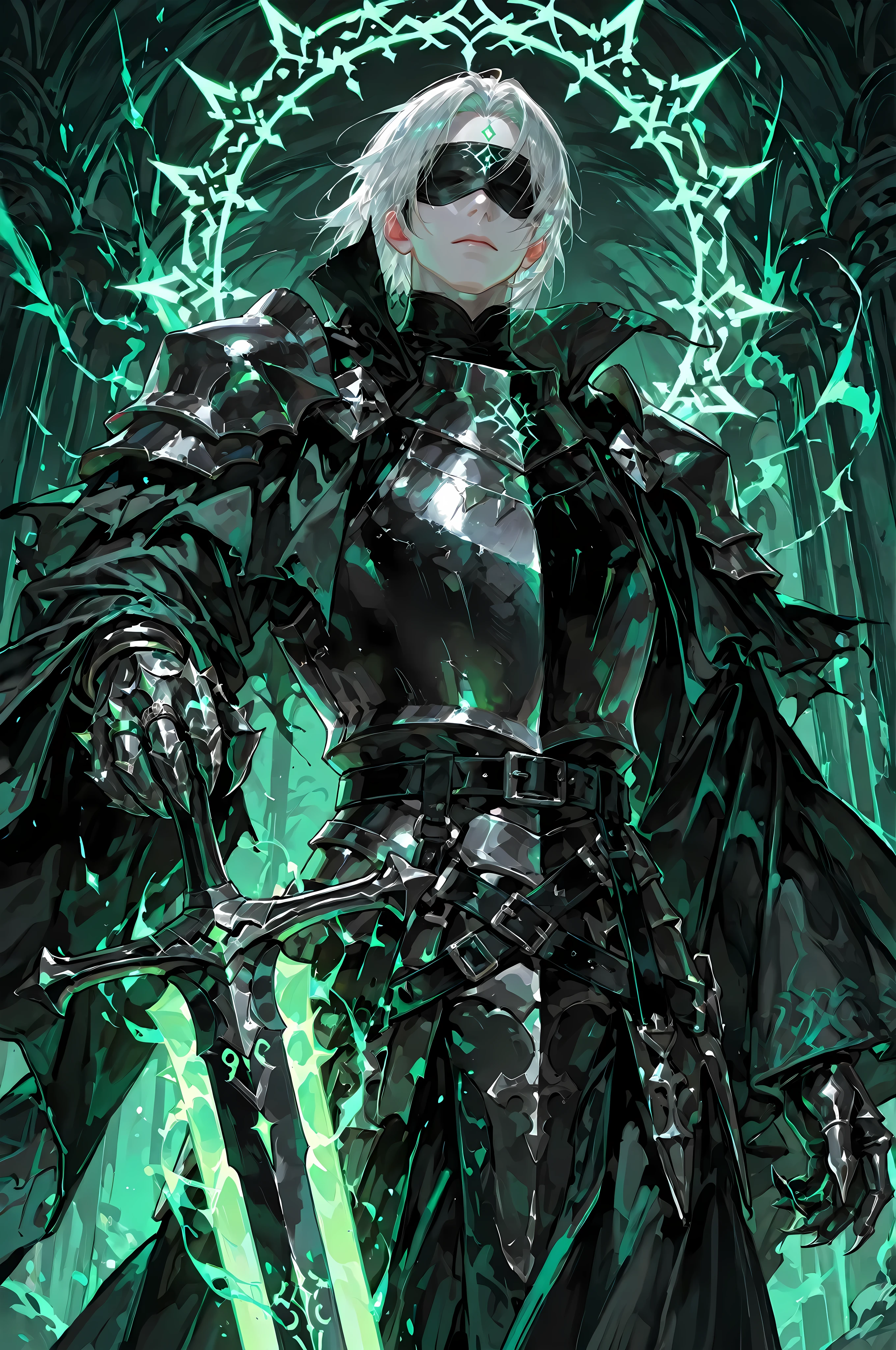 8k, beautiful masterpiece, looking ahead, alone, super pale skin (Undeathly Parlor), Perfect Eyes shape, Athletic Build, ((He wears: primarily black with silver accents = high collar Nazgul clothing with pointed shoulders and very wide sleeves, spiky steel cuirass, spiky steel pauldrons, clawed steel gauntlets; black belt with steel buckle; metal blindfold; 1 silver ring with pale green glowing runes))), (((background is Minas Morgul, is emotionless and somber while holding 1 steel longsword and channeling pale green energy through it))), mature man, 1 man, male-centered, handsome man, handsome, short hair, white hair, Thick painted, masterpiece, top quality, amazing quality, exquisite details, very detailed, semi-realism art, semi-realism art style