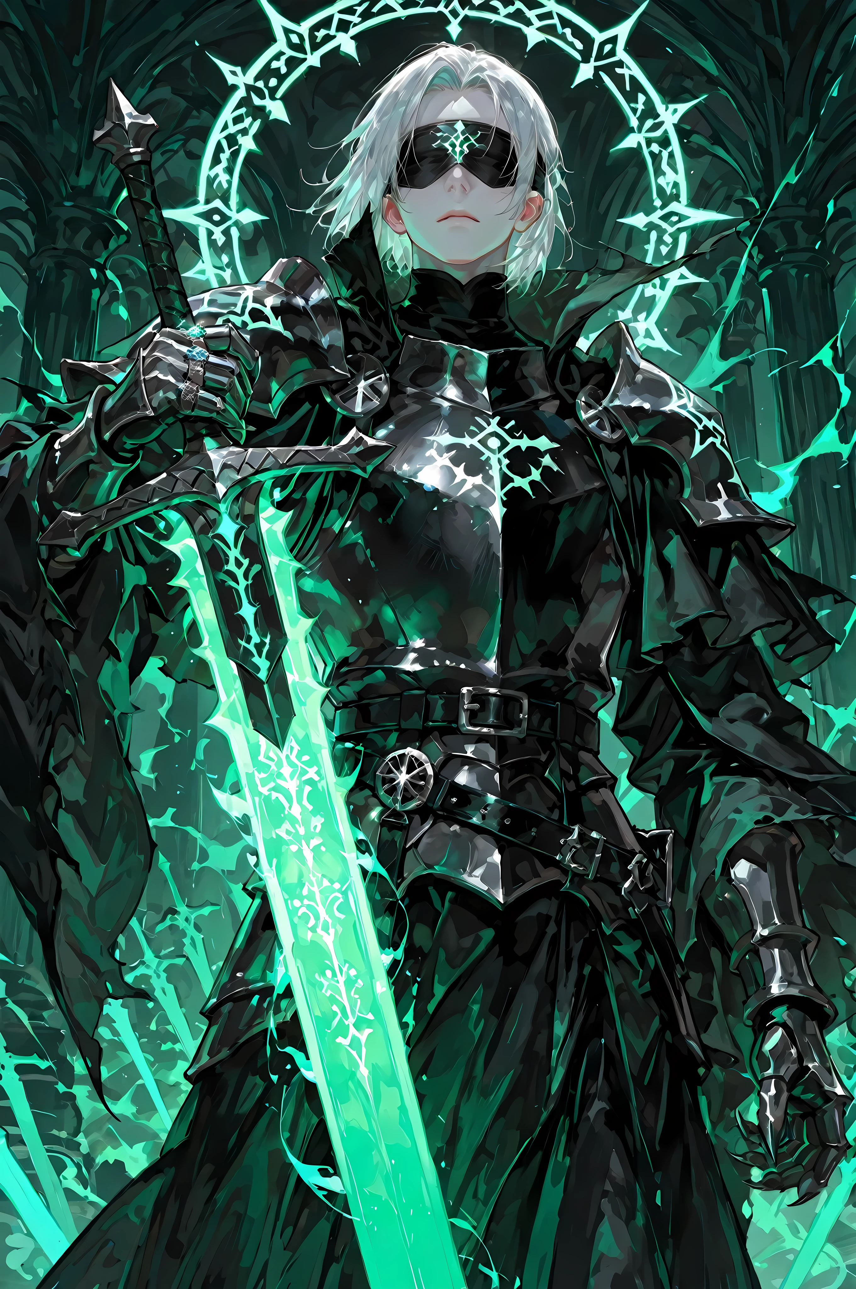 8k, beautiful masterpiece, looking ahead, alone, super pale skin (Undeathly Parlor), Perfect Eyes shape, Athletic Build, ((He wears: primarily black with silver accents = high collar Nazgul clothing with pointed shoulders and very wide sleeves, spiky steel cuirass, spiky steel pauldrons, clawed steel gauntlets; black belt with steel buckle; metal blindfold; 1 silver ring with pale green glowing runes))), (((background is Minas Morgul, is emotionless and somber while holding 1 steel longsword and channeling pale green energy through it))), mature man, 1 man, male-centered, handsome man, handsome, short hair, white hair, Thick painted, masterpiece, top quality, amazing quality, exquisite details, very detailed, semi-realism art, semi-realism art style