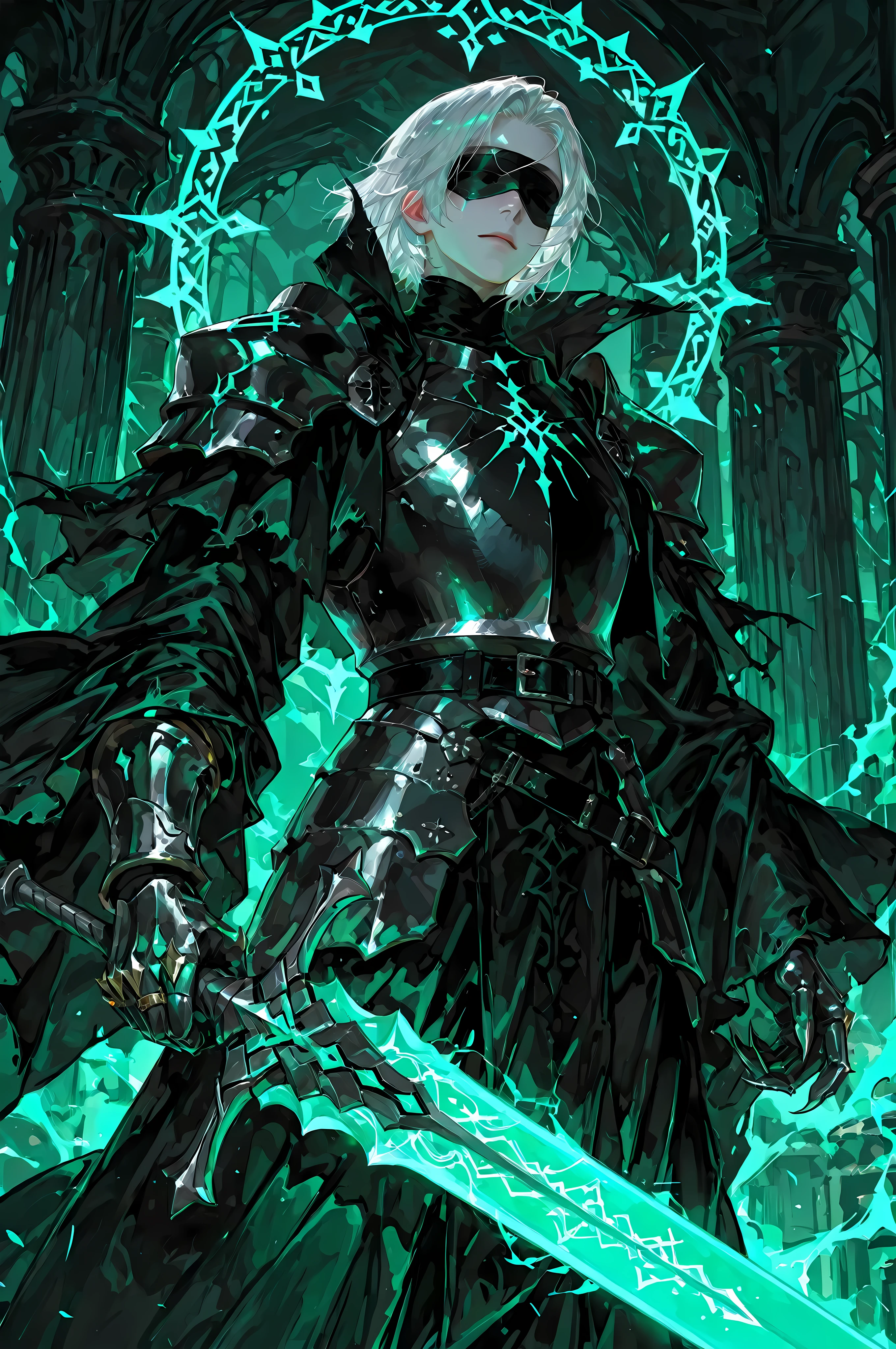 8k, beautiful masterpiece, looking ahead, alone, super pale skin (Undeathly Parlor), Perfect Eyes shape, Athletic Build, ((He wears: primarily black with silver accents = high collar Nazgul clothing with pointed shoulders and very wide sleeves, spiky steel cuirass, spiky steel pauldrons, clawed steel gauntlets; black belt with steel buckle; metal blindfold; 1 silver ring with pale green glowing runes))), (((background is Mordor, is emotionless and somber while holding 1 steel longsword and channeling pale green energy through it))), mature man, 1 man, male-centered, handsome man, handsome, short hair, white hair, Thick painted, masterpiece, top quality, amazing quality, exquisite details, very detailed, semi-realism art, semi-realism art style