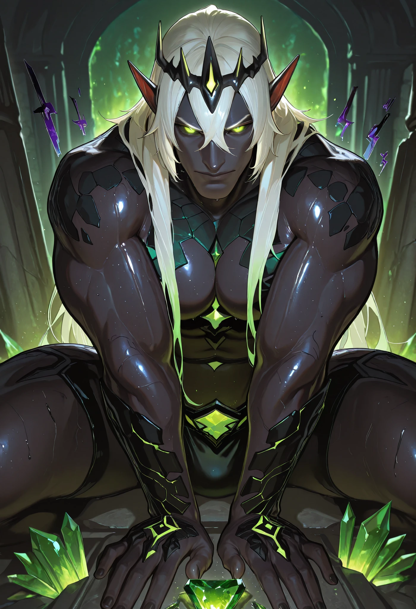 
Masterpiece, best quality, absurdres, newest, perfect quality, best quality, absolutely eye-catching, detailed background, intricate detail, source oil paint, BREAK, 1boy, Solo, Male Focus, Mature Male, Looking At Viewer, Tall, Muscular, Statuesque Angular Build, (((Obsidian-Black Skin))) Threaded Glowing Emerald Veins, Elbows To Hands Are Transparent Lighter Green Crystal, Long Neat White Hair, Glowing Emerald Eyes. Fused Crystal pattern Jagged Emerald & obsidian Crystal Armour Forming Sharp Crown-Like Ridges On His Shoulders Hips And Along His Spine with integrated plating on his chest, arms, and legs. Sharp elongated elf-like ears, Menacing. Terrifying. Posing Majestically. 