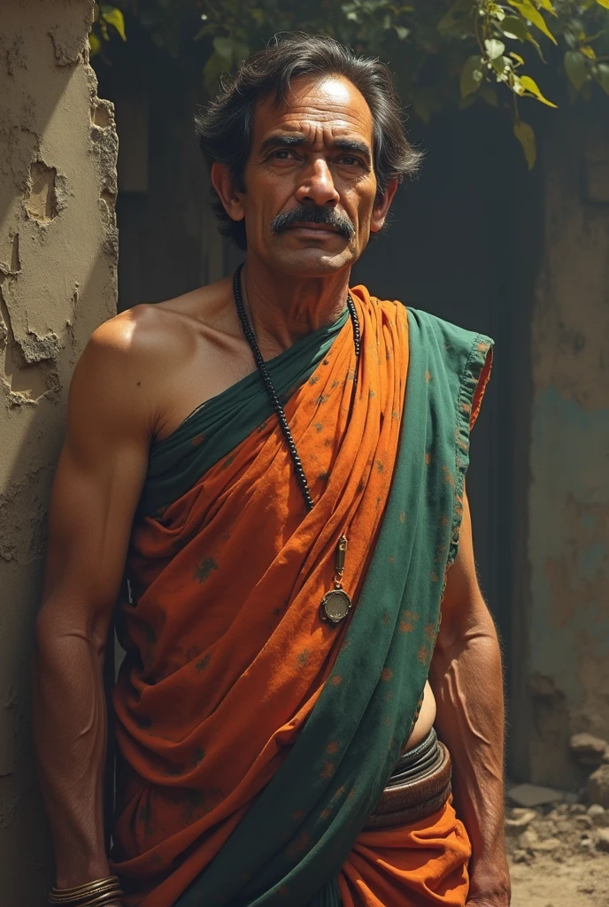 (((Emaciated))), short Indian man (((emaciated, short))) standing in a garden. He is wearing a towel.