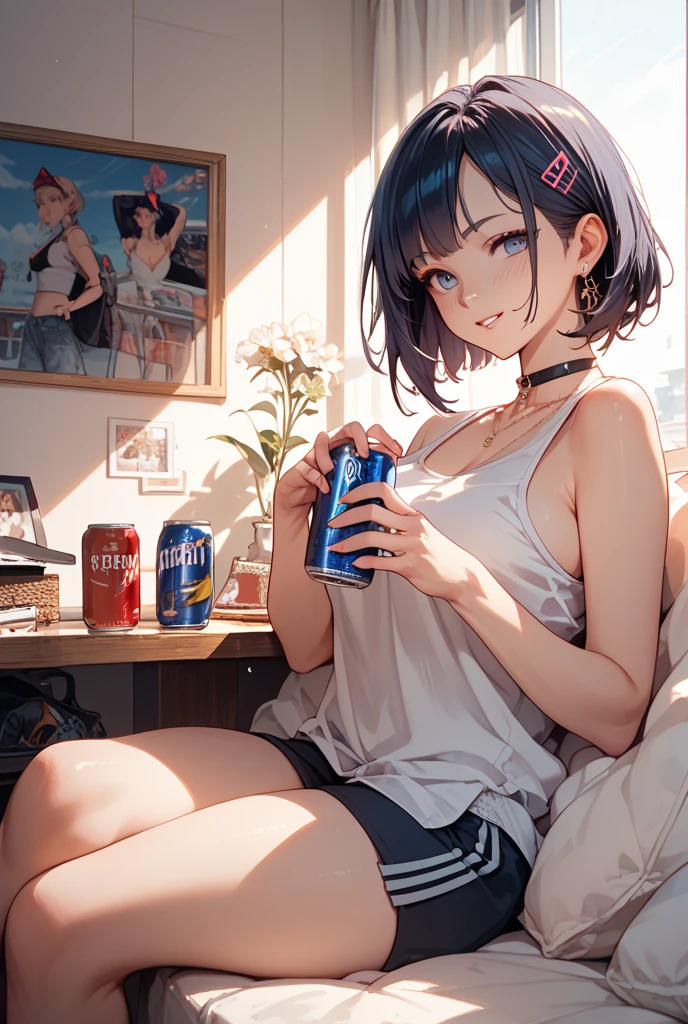 1lady solo, (relaxing on sofa), (holding can of beer) in one hand, casual outfit (cool and sporty loungewear), (mature female:0.8), /(light black hair/) bangs, blush kind smile, (masterpiece best quality:1.2) delicate illustration ultra-detailed, large breasts BREAK (modern living room), furniture, night, soft lighting, detailed background