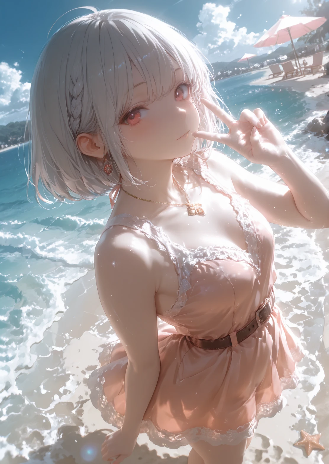 highest quality、Realistic、Women、Japanese、zoom、look up、cute、smile、Ocean、Red eyes、Platinum Blonde Hair、Very Short Hair、Wedding dress、Face close-up、slender、Small breasts