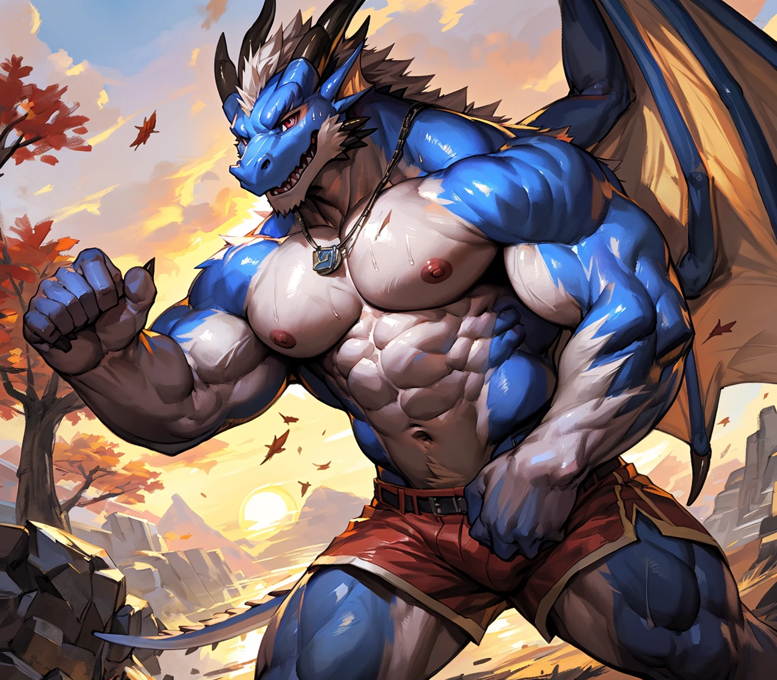 absurdres, ((best quality)), ((masterpiece)), (ultra detailed),perfect face,(male antro dragon):2.5, male , ((( western dragon))):2.5, (strong beefy muscular body),((royal blue body)), (white belly), ((abs, strongmuscles, 8 pack)), furry, handsome,Beautiful and delicate eyes, (ultra detailed eyes, mauve color eyes, sharp eyes), night, detailed scene,full body, shirtless, topless, pink nipples, (by null-ghost, by lindong), (full body), wearing random pattern necklace, claws, ((fluffy fur, fluffy, furry body)), majestic, (a pair of dragon antler), upper body naked, big fellow, muscular male, (wearing yellow speedo), pornography, big fellow, huge body, handsome, under the sea, diving, a pair of dragon wing