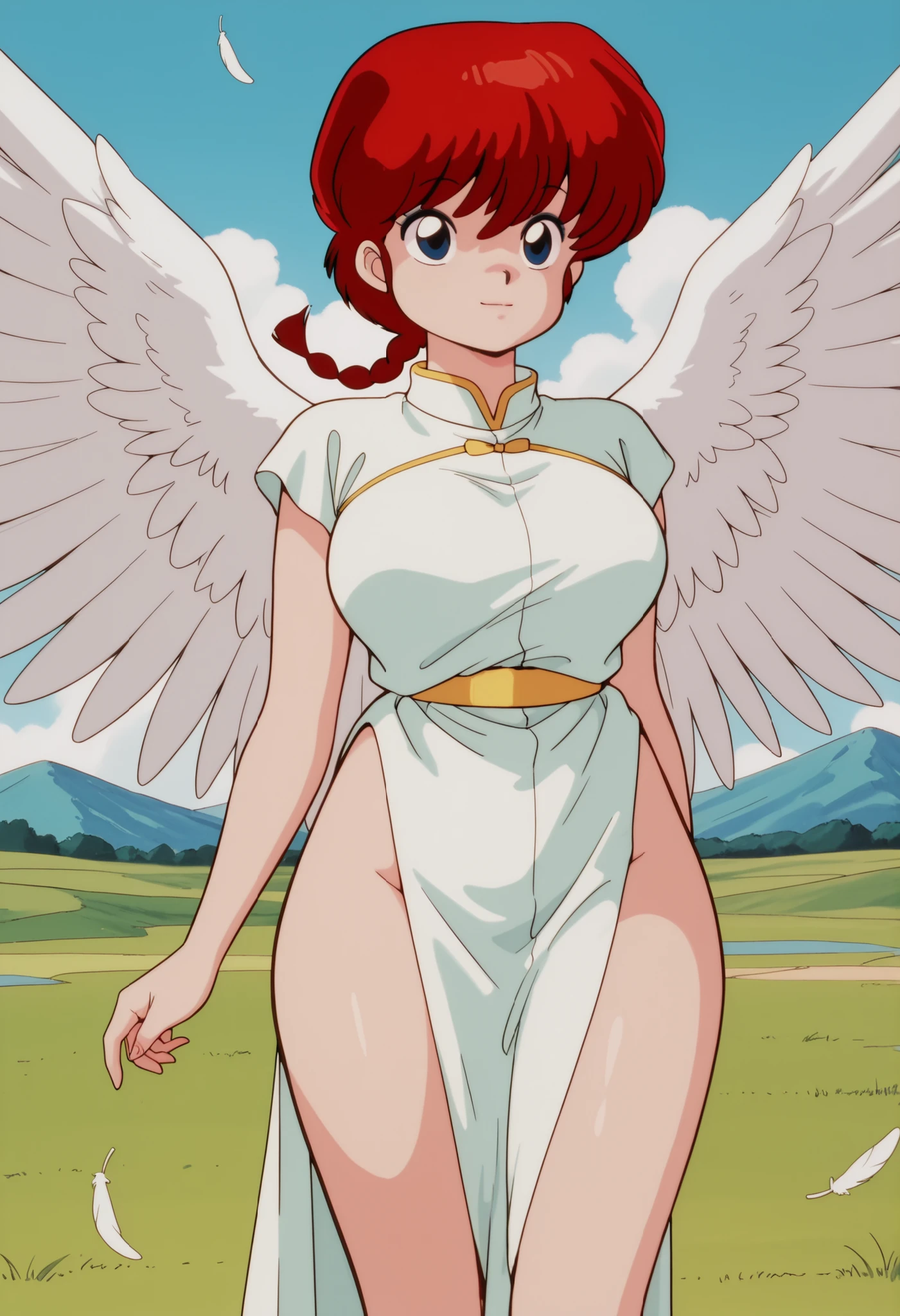 RanmaChan, Sexy, (Doggystyle:1.2), Tabletop, (Penetration:1.2), (Red hair, (Long pigtails, braids), Black hair tie, Medium thick bangs), Blue eyes, Curvy body, High body, (Angel wings, Huge), (Medium boobs:1.3), Beautiful cleavage, (White elbow gloves), ((Luxurious dress, Pure white)), Waist:1.2, Medium ass:1.2, (Flapping in the sky, Flying in the sky, Sexy pose, Large), (4 fingers, 1 thumb), (Shooting, Front, From below), (Sky background, Clouds, Sun, Birds, In the sky), (Retro art style, Beautiful brushstrokes, Super detailed painting, 32K Ultra HD, Masterpiece)