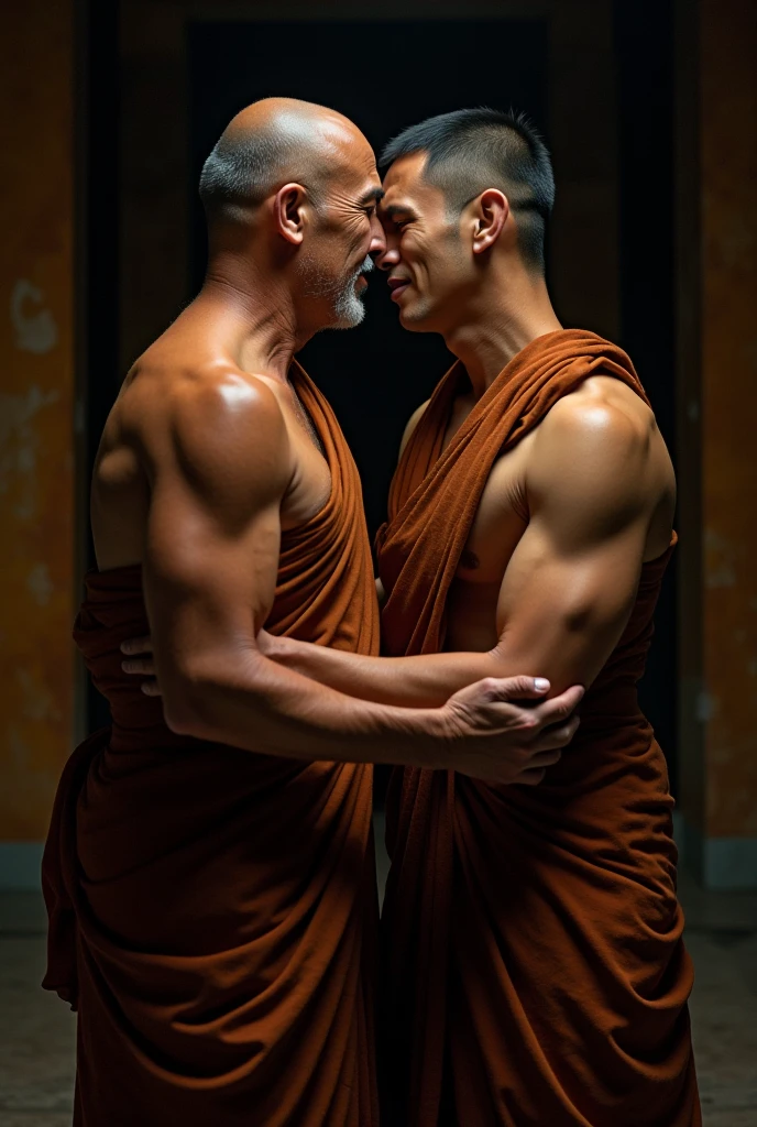 A muscular young Vietnamese monk, Detailed bald head, Tractor head, soaked in water , shirtless 2 คน กอดจูบ ดูดดื่ม หนุ่มร่างthin เปลือย shirtlessคลุม, Buddhism, quiet, Detailed dark brown robe, Take the whole body, Manly, Look at the camera, (Make eye contact), Manliness posture, Manly deportment, Virtue, masculinity, Manliness, very detailed facial parts, very detailed neck, Manly, Waterfall background, happy expression, professional photos, soft focus, (8ก, raw photos, best quality, Masterpiece:1.2), very detailed, Ultra high resolution, perfect anatomy, ส่วนของร่างกายที่very detailed, Very symmetrical body, Asia, 1, shirtless :: Highly detailed, detailed face, Detailed eyes, Proportionate eyes, very detailed mouth, Leaky abdomen :: very detailed, thin, small waist, realistic, human skin, นิ้วที่very detailed, handsome chad chin, shirtless, I'm a man., human skin, handsome, charming, Highly detailed RAW color photo, depth of field, Front photo, perfect composition, very detailed hands, very detailed fingers