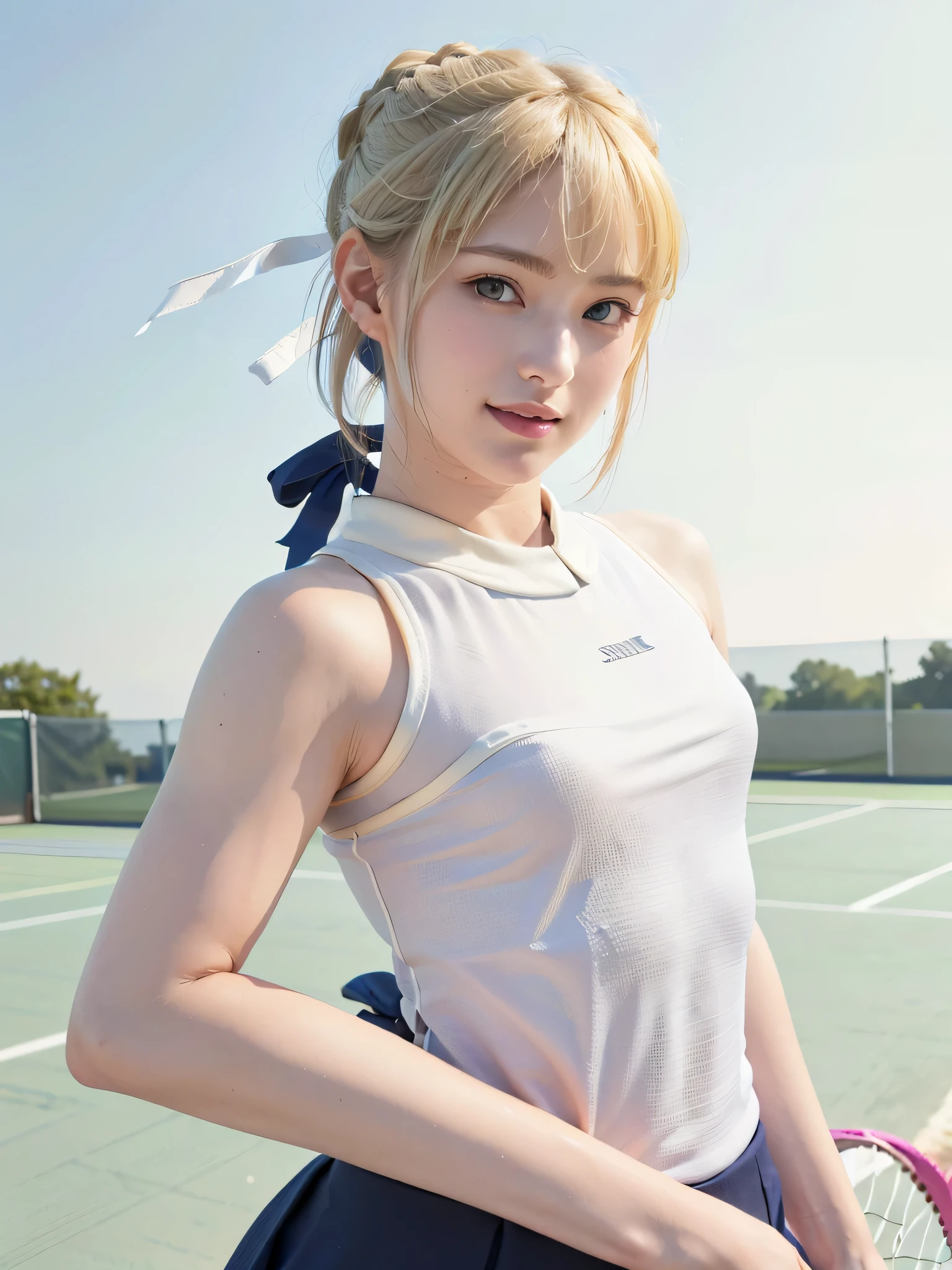 absurdrez, work of art, best qualityer, realisitic, 超detailded, (shining skin, sweaty:1.4), 苗条, gazing at viewer, 1 girl, standing alone, tennis wear, white polo shirt, White sneakers, white miniskirt, long hair, silver hair, blue colored eyes, (thick-thighs:0.5), dynamic lighting, high resolution, sharp focus, Depth of field, breasts small, naked