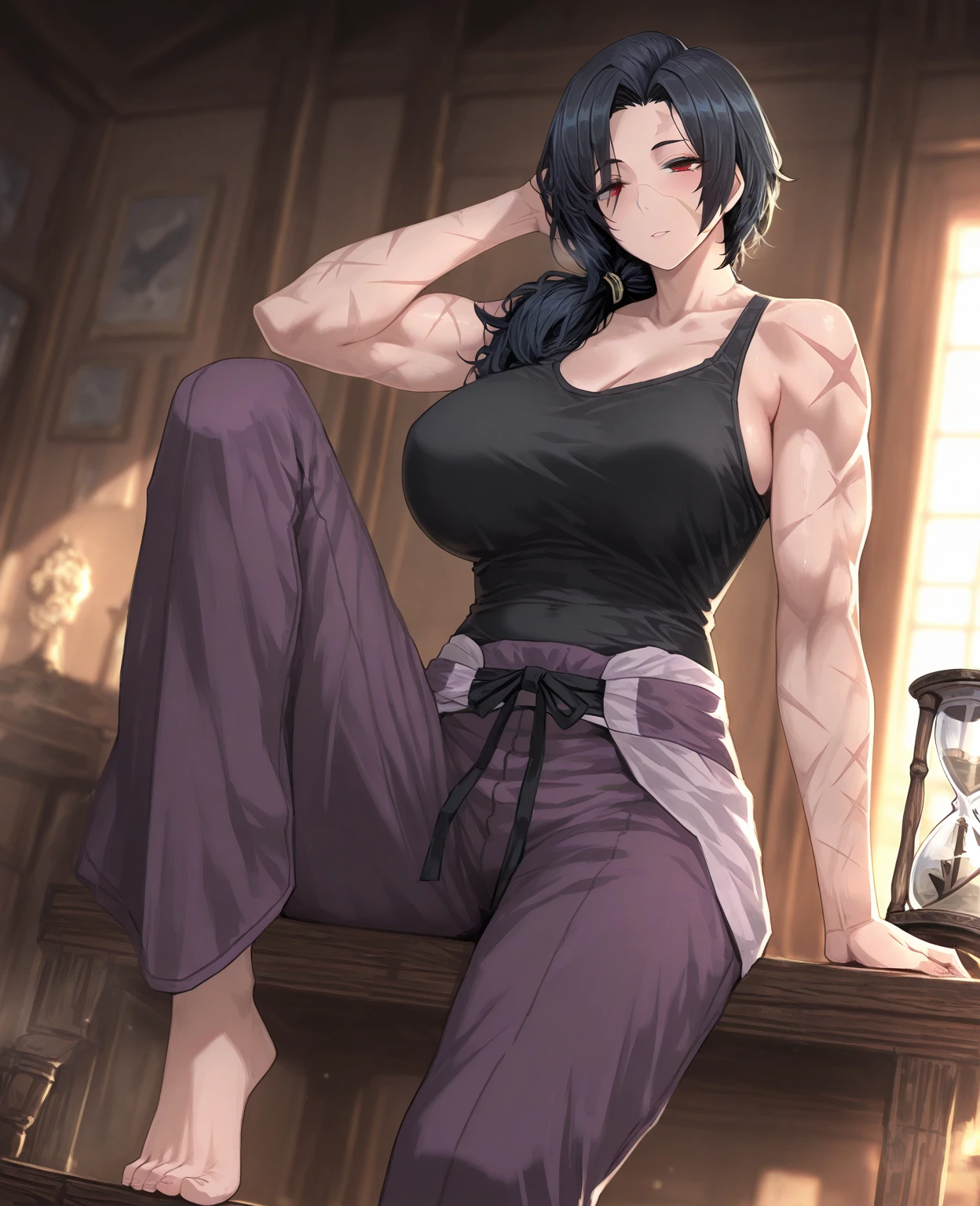 1girl, beidou (genshin impact), perfect ???????, red eyes, brown hair, long hair, red eyepatch, from below, waist-high, muscular, toned body, big chest, big hips, tall, looks at camera, black turtleneck, black home clothes, bedroom, sitting on the bed, fingerless gloves, embarrassed, frowing, lights down low, tension