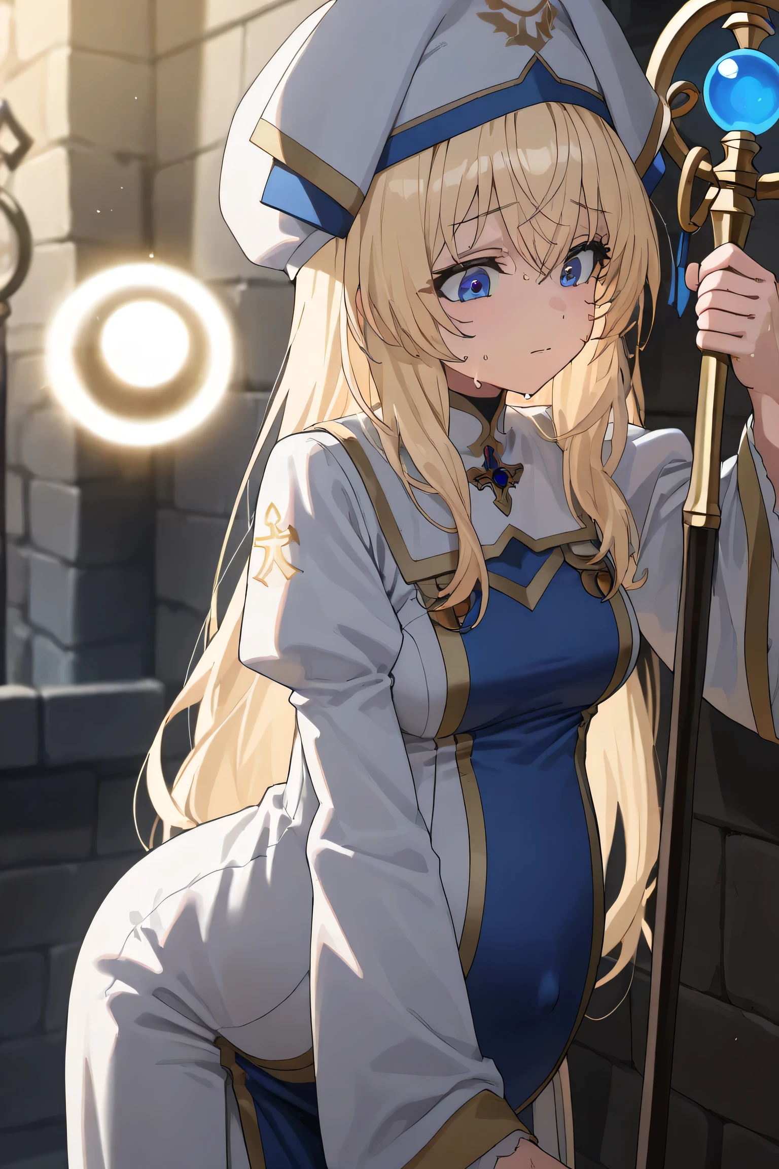 (Best quality, 4k, 8k, high resolution, masterpiece:1.2), ultra detailed, intricate details, beautiful girl, SOLO, alone, bangs, small-medium breasts, perfect smooth skin, head tilted, (Pregnant:1.0), white and blue cleric robe with gold and details, split lower robe, long white sleeves, a white cleric hat with cross symbol, holding a staff with a glowing orb, long blonde hair, blue eyes, pain, at medieval town on streets, Hand on wall, lean forward, looking down, sweating, side view