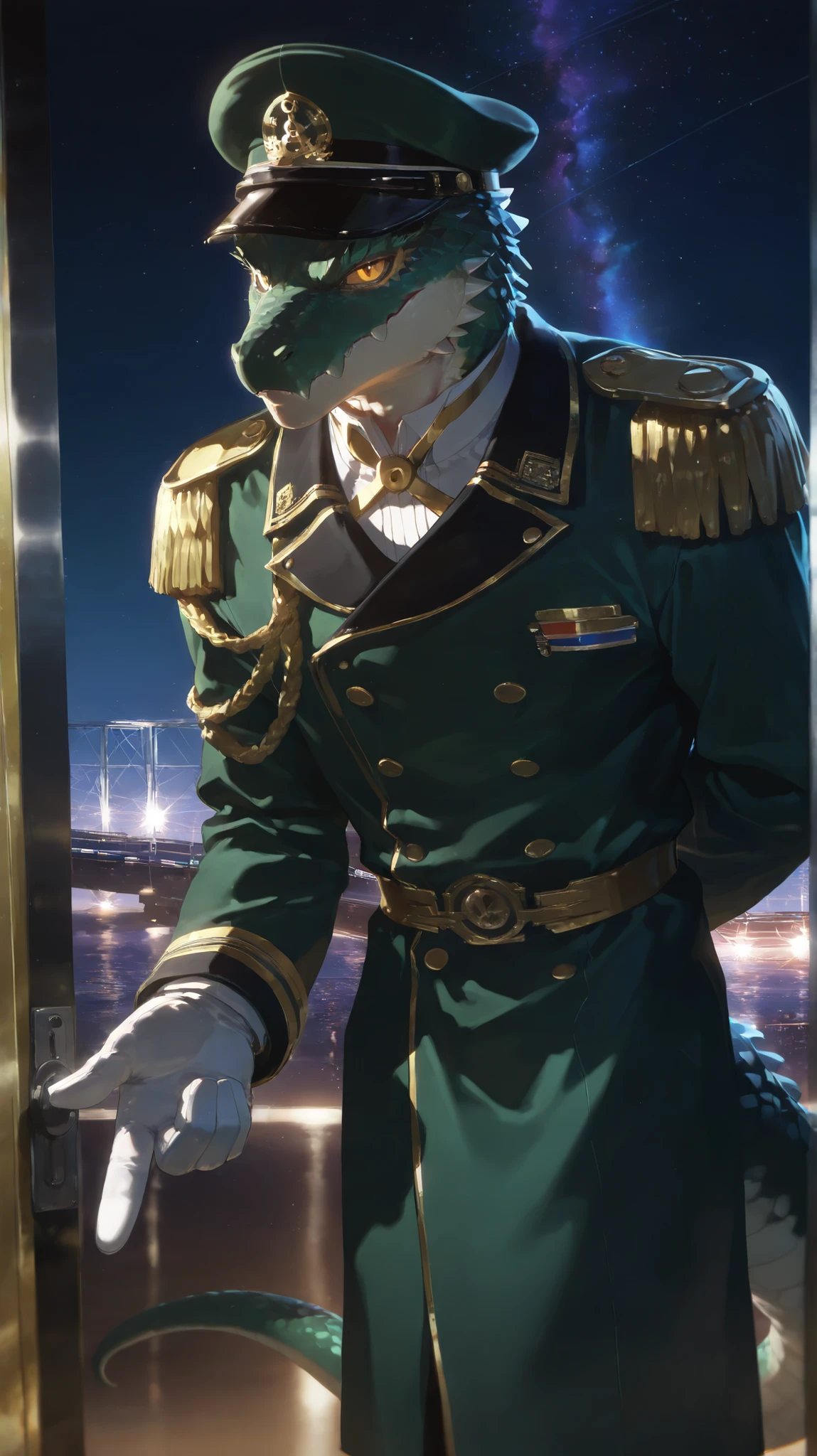 masterpiece, best quality, 8K resolution, HDR, 4K resolution, sharp focus, vibrant colors, anime cel-shading style: Semi-realistic anime with detailed furry features, 1 male Lizard furry, green scales, muscular physique, white ventral scales on chin and chest, red slit-pupil eyes, coiled tail providing support, wearing a tailored deep forest green train conductor uniform: double-breasted long coat with large gold buttons, elaborate gold aiguillettes on shoulders, crisp white high-collar shirt buttoned to the top (collar covering neck scale transition), white gloves, large-brimmed dark green conductor cap with gold insignia, standing at the entrance doorway of a sleek sci-fi high-speed train "Galaxy Express", background: realistic night sky with clear stars, futuristic train "Galaxy Express" on tracks at a station platform (platform details soft focus), action: body slightly leaning forward in polite welcome, right arm gracefully extended towards doorway with palm up in a clear "inviting" gesture, left hand held casually behind back, coiled tail providing stable stance, gentle yet firm gaze from red slit-pupil eyes directed forward, only one person