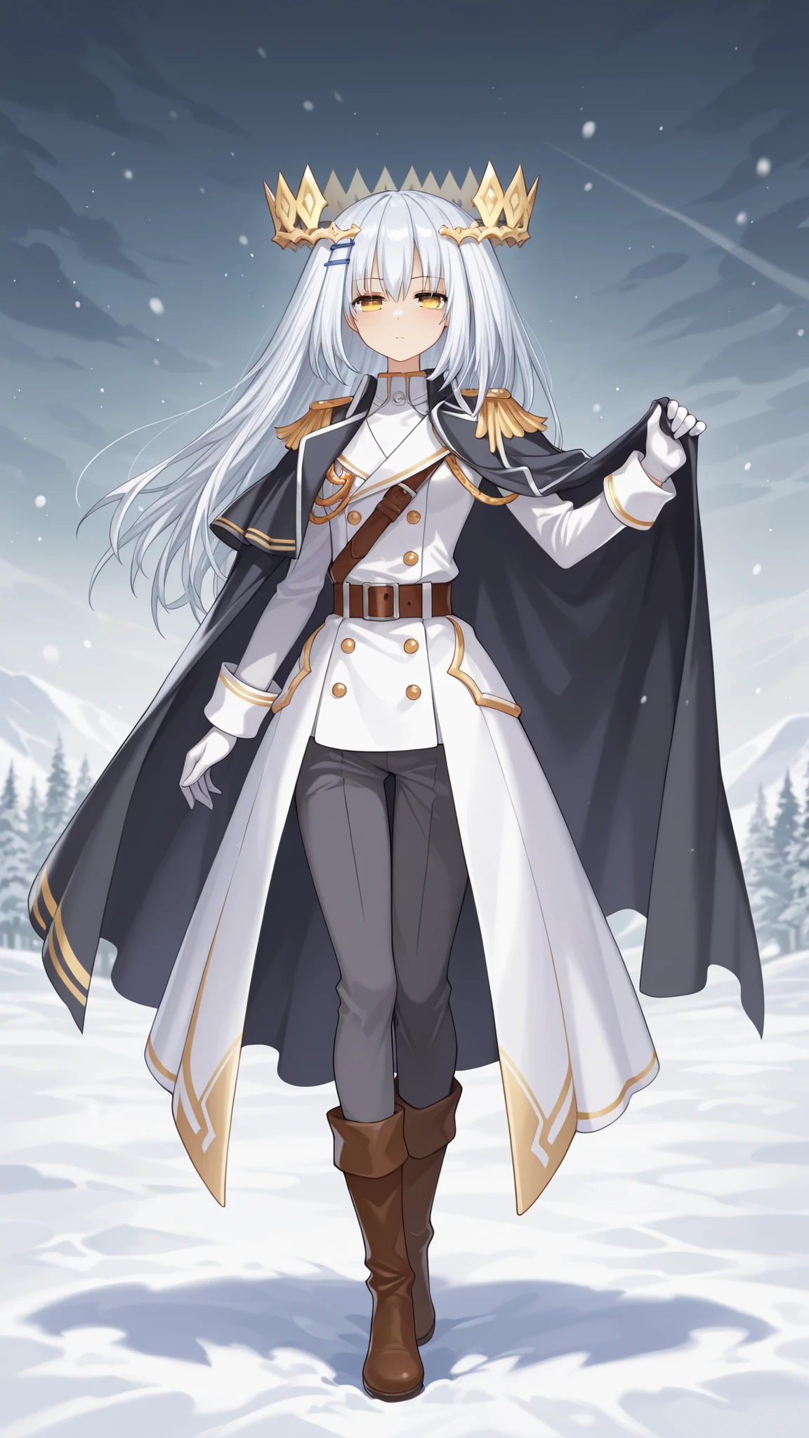 1girl, sexy, cute, tobiichi origami, white hair, long hair, yellow eyes, ori_hairpin, white military longcoat, gold trims, dark gray cape, dark gray pants, white gloves, brown boots, brown belt, snowy background, military base background