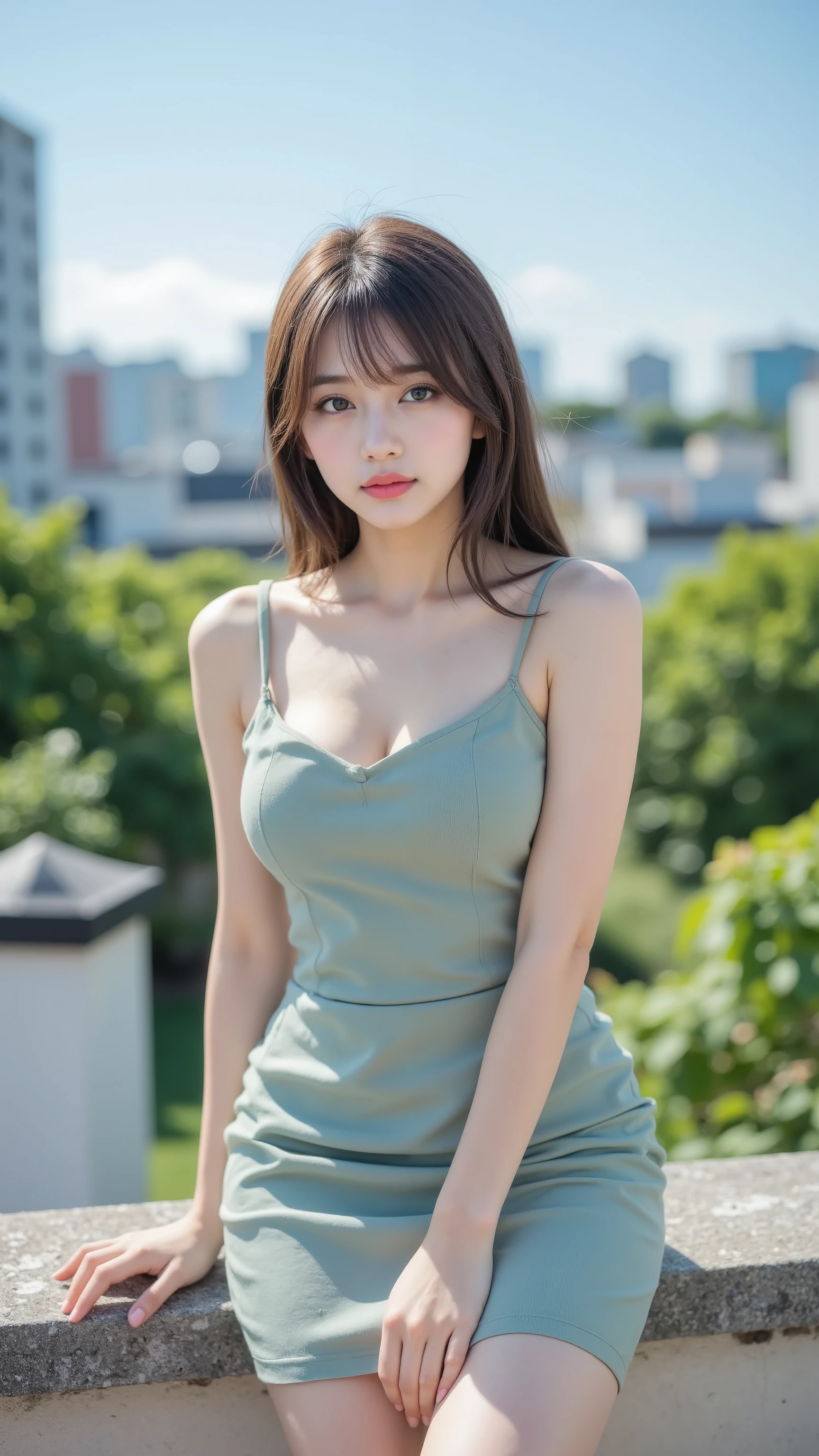 (Highest Quality、8k、32K、masterpiece、super high resolution:1.2)、
(Japanese Model)、(cute Japanese girl)、tall、((giant chest、 cleft))、((Two Side Up Hairstyle))、Moisturizing Lips、cute side bang、bang、((Thin Fabric、Tight Dress))、((thin legs、Tight Waist))、( on the roof、garden、Blue Sky)、(high school students)、(Highest Quality、best quality、全身のmasterpiece)、Photoreality、ultra high definition