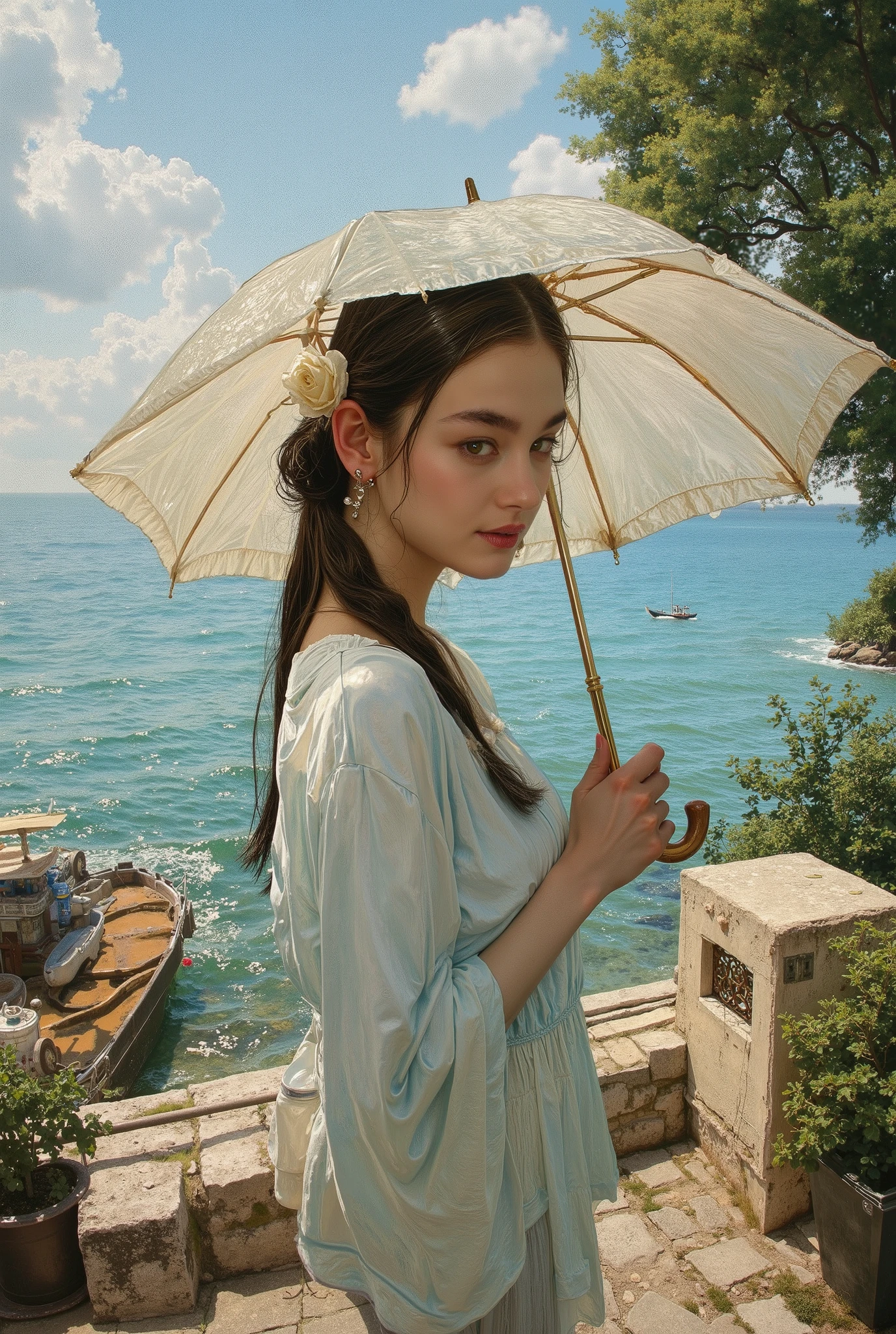 (best quality, 4k, highres, masterpiece:1.2) , ultra-detailed, (realistic, photorealistic:1.37), A photorealistic portrait of an elegant young woman standing, She is having a Sun Umbrella for Women, Claude Monet Scenery Excellent Quality、4K resolution、super definition、Realistic、PROFESSIONAL、Dynamic Range HDR、vibrant colors、bokeh、Impressionist style、oil、beautiful light、elegant atmosphere、Natural elements、In the sunshine、marine scenery、delicate texture、Elegant posture, 19rth century, she is taking a walk, hyper detailed moist skinn texture,