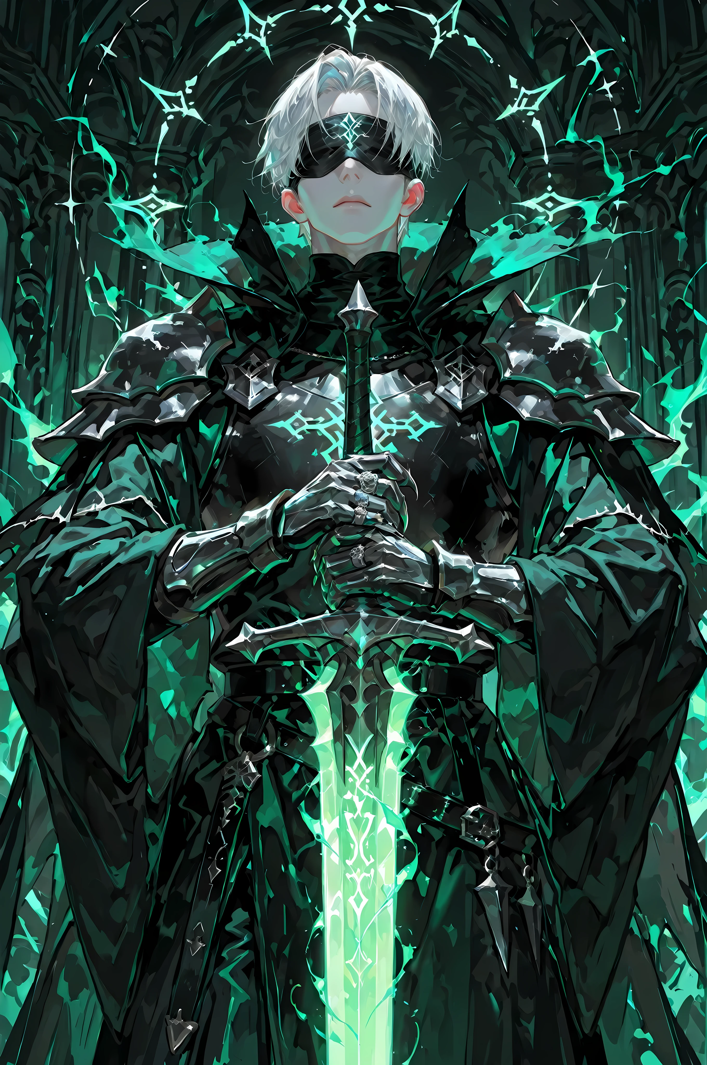 8k, beautiful masterpiece, looking ahead, alone, super pale skin, Perfect Eyes shape, Athletic Build, ((He wears: primarily black with silver accents = high collar Nazgul clothing with pointed shoulders and very wide sleeves, spiky steel cuirass, spiky steel pauldrons, clawed steel gauntlets; black belt with steel buckle; metal blindfold; 1 silver ring with pale green glowing runes))), (((background is Minas Morgul, is emotionless and somber while holding 1 steel longsword and channeling pale green energy through it))), mature man, 1 man, male-centered, handsome man, handsome, short hair, white hair, Thick painted, masterpiece, top quality, amazing quality, exquisite details, very detailed, semi-realism art, semi-realism art style