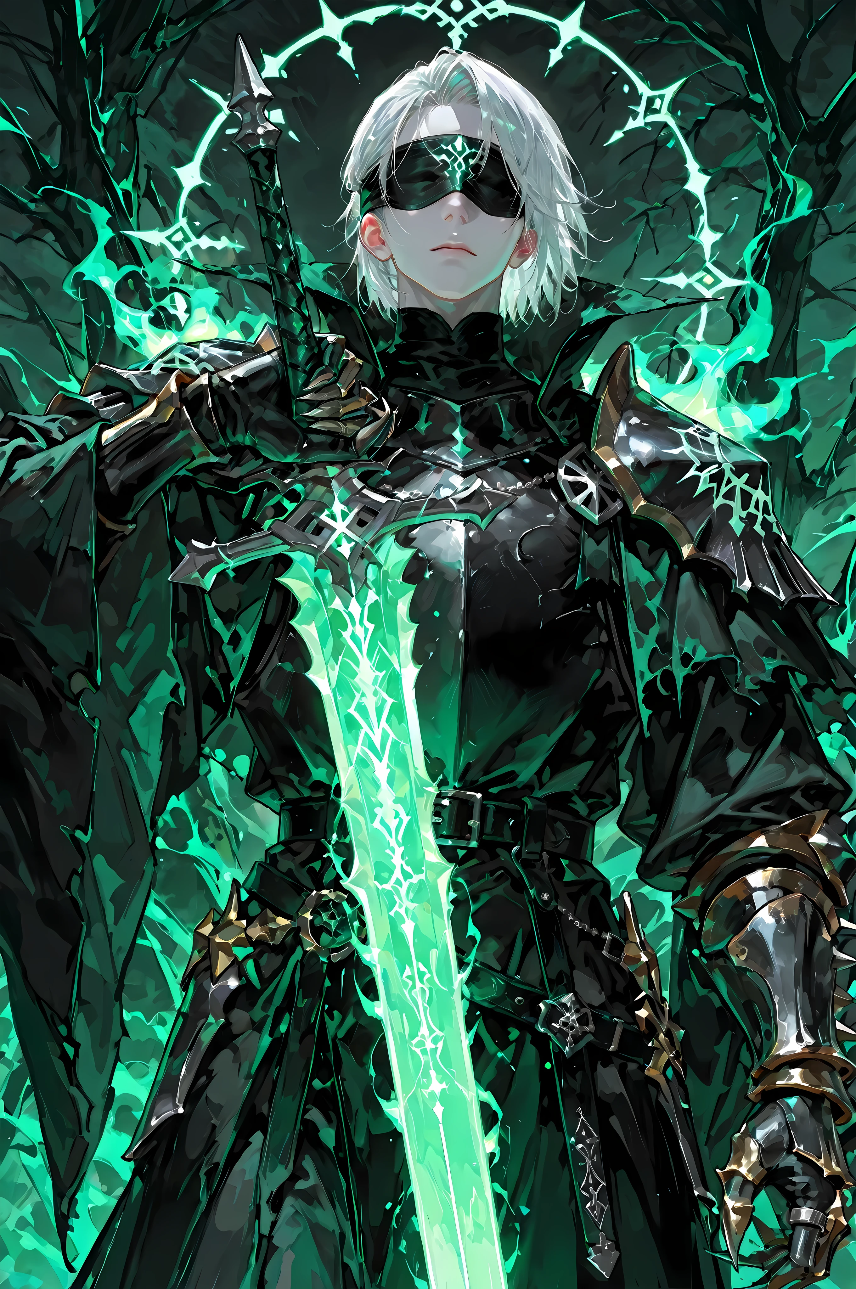 8k, beautiful masterpiece, looking ahead, alone, super pale skin, Perfect Eyes shape, Athletic Build, ((He wears: primarily black with silver accents = high collar Nazgul clothing with pointed shoulders and very wide sleeves, spiky steel cuirass, spiky steel pauldrons, clawed steel gauntlets; black belt with steel buckle; metal blindfold; 1 silver ring with pale green glowing runes))), (((background is Minas Morgul, is emotionless and somber while holding 1 steel longsword and channeling pale green energy through it))), mature man, 1 man, male-centered, handsome man, handsome, short hair, white hair, Thick painted, masterpiece, top quality, amazing quality, exquisite details, very detailed, semi-realism art, semi-realism art style