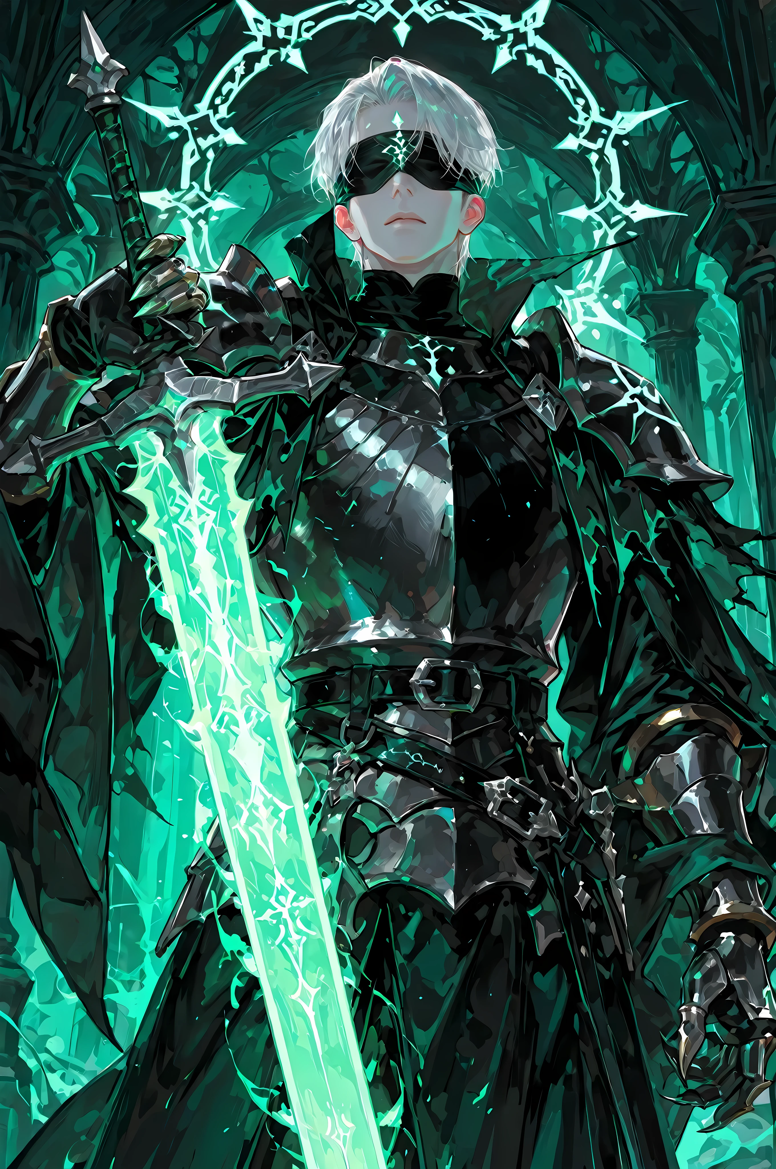 8k, beautiful masterpiece, looking ahead, alone, super pale skin, Perfect Eyes shape, Athletic Build, ((He wears: primarily black with silver accents = high collar Nazgul clothing with pointed shoulders and very wide sleeves, spiky steel cuirass, spiky steel pauldrons, clawed steel gauntlets; black belt with steel buckle; metal blindfold; 1 silver ring with pale green glowing runes))), (((background is Minas Morgul, is emotionless and somber while holding 1 steel longsword and channeling pale green energy through it))), mature man, 1 man, male-centered, handsome man, handsome, short hair, white hair, Thick painted, masterpiece, top quality, amazing quality, exquisite details, very detailed, semi-realism art, semi-realism art style