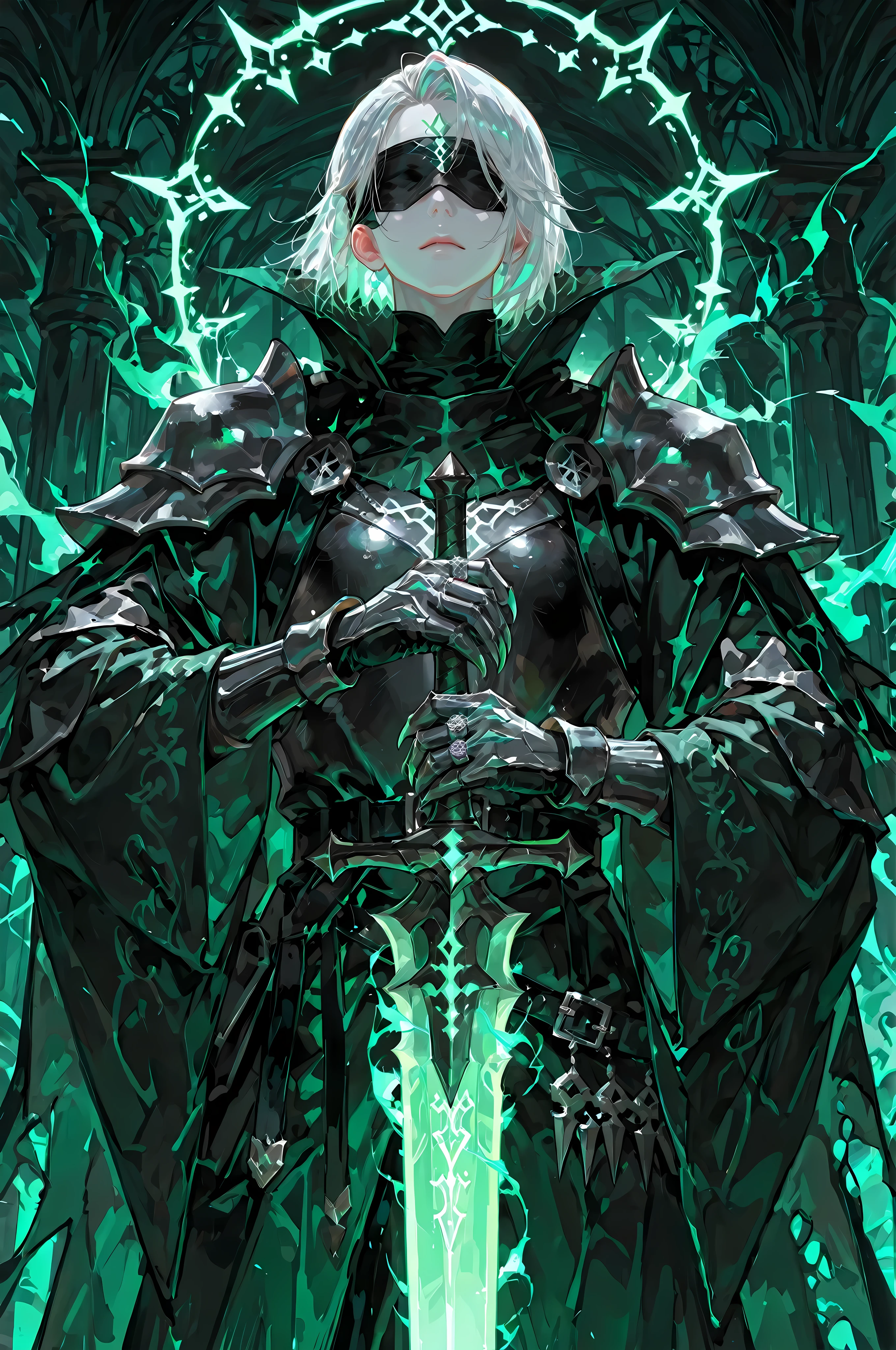 8k, beautiful masterpiece, looking ahead, alone, super pale skin, Perfect Eyes shape, Athletic Build, ((He wears: primarily black with silver accents = high collar Nazgul clothing with pointed shoulders and very wide sleeves, spiky steel cuirass, spiky steel pauldrons, clawed steel gauntlets; black belt with steel buckle; metal blindfold; 1 silver ring with pale green glowing runes))), (((background is Minas Morgul, is emotionless and somber while holding 1 steel longsword and channeling pale green energy through it))), mature man, 1 man, male-centered, handsome man, handsome, short hair, white hair, Thick painted, masterpiece, top quality, amazing quality, exquisite details, very detailed, semi-realism art, semi-realism art style
