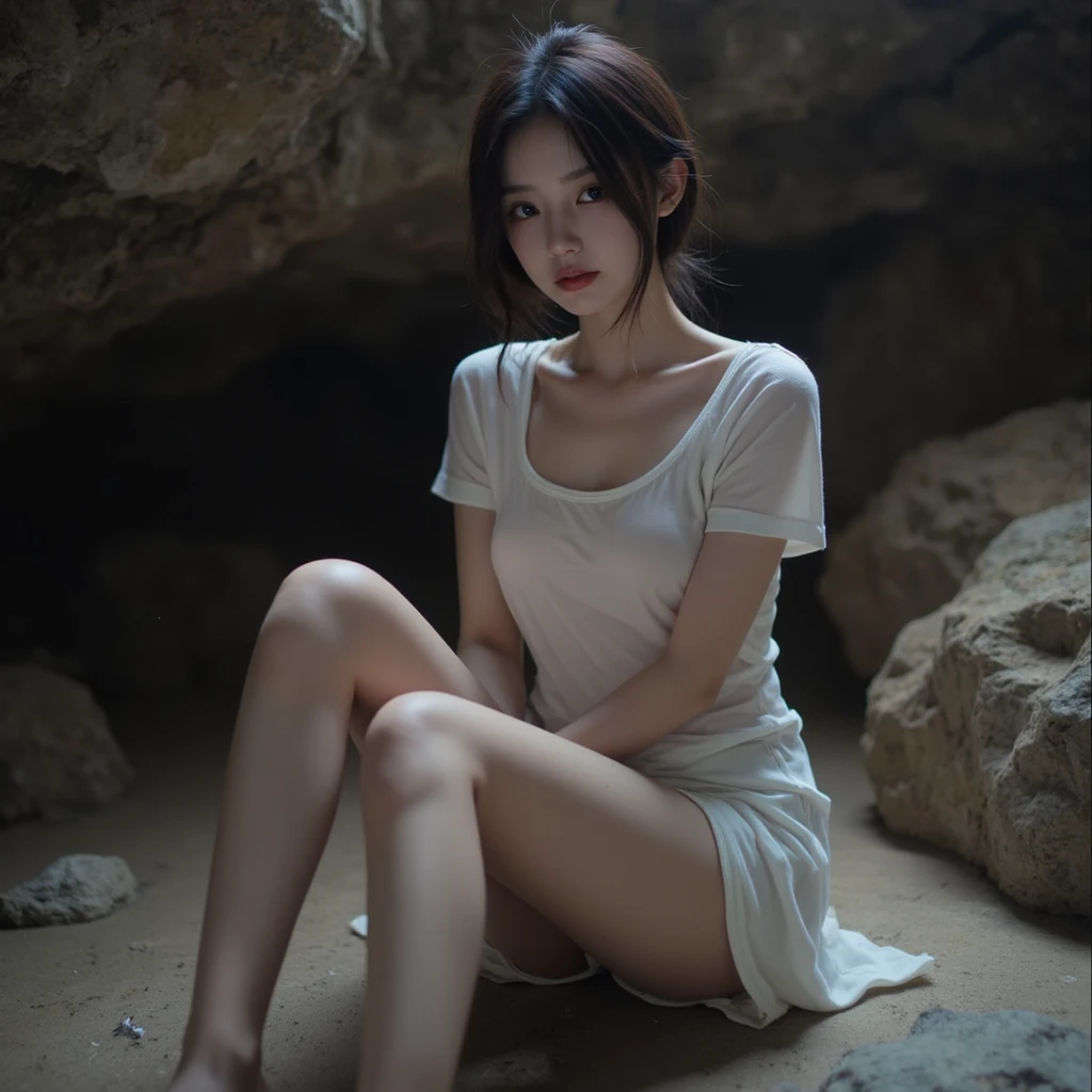 (msterpiece:1.3), (8k, RAW photo, best quality: 1.4), beautiful face, beautiful hairstyle, beautiful detailed eyes, beautiful skin, absurdres, attractive, ultra high res, highly detailed,NSFW, 2 girls in abandoned underground basement, big breast,facial close up,necklace,arms behind back,evil smile,knife,vaginal insertion,light long hair, ultra detailed skin,Heavy makeup, flower hairpin, naked,colorful patterned lace dress, dirty ground,on a rock,bondage,dirty rock,half body,spread legs, exposed pussy,