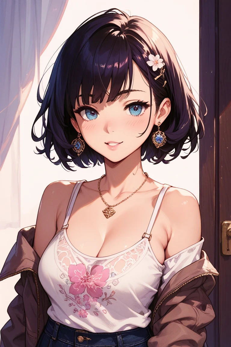Illustration, anime style, (masterpiece, top quality, super detail, high resolution), perfect face, beautiful eyes, smile, sidelights, shiny skin, (bloom), (shine), lighting, ray tracing, 1girl, solo, silver hair, black moisturized eyes, summer short sleeves, hair bow, pink skirt, bow, pink bow, lips, upper body, curly hair, chest, parted lips, jewelry, depth_of_ field, highly detailed background, highly detailed background, masterpiece, super detail, great composition,dynamic angle,[bottle bottom],(wide shot), very delicate and beautiful,(best quality), depth of field, solo, extreme light and shadow, masterpiece, rich in detail, (fine features), (best quality), (masterpiece), (detail), (beautiful) detail, Beautiful Detail Eye,(Straight On), Upper Body,(Very Detail CG Unity 8k wallpaper),(Masterpiece), (Best Quality), (Super Detail)(Best Illustration)(Best Shadow),Perfect Lighting,Perfect Anatomy