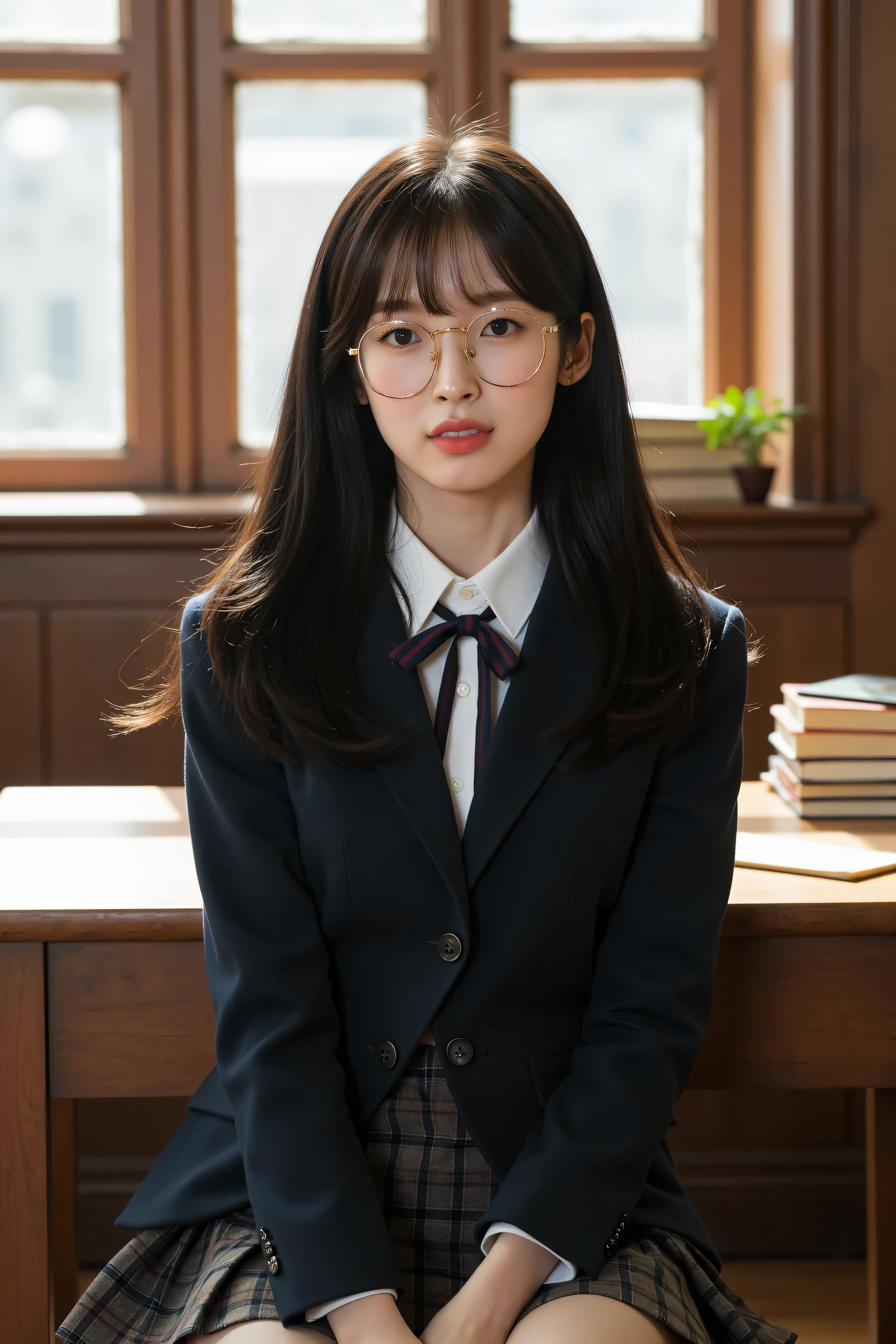Model Arin, dark brown eyes, soft natural makeup, Black medium-length straight hair with neat bangs, wearing a classic Korean high school uniform with a navy blazer, white shirt, and plaid skirt, round black horn-rimmed glasses, sitting at a wooden desk in a warm-toned library, stacks of books around her, sunlight streaming through tall windows, vintage photography style, warm soft lighting, soft focus, film grain, subtle vignette, HD Model, ultra hd, textured skin